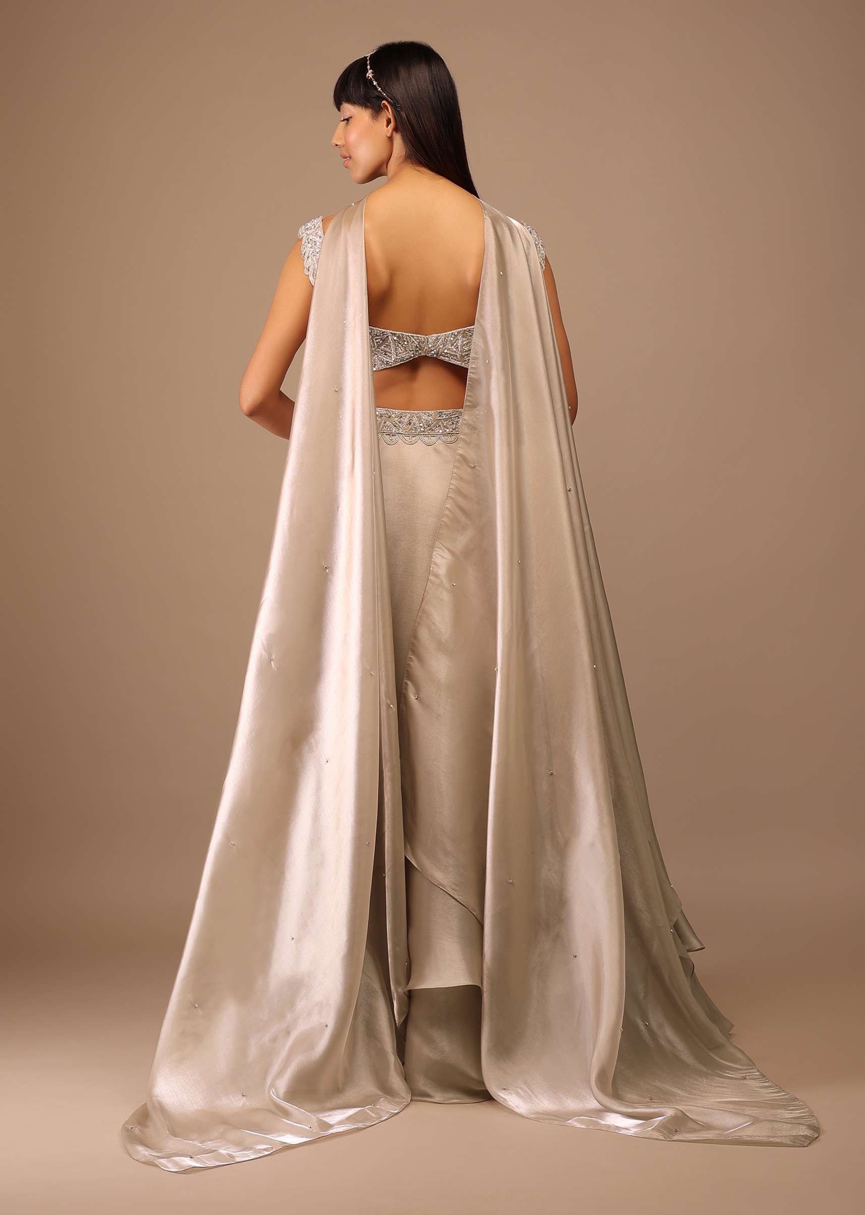Oyster Organza Layered Skirt With Sleeveless Hand Embroidered Crop Top - Image 5