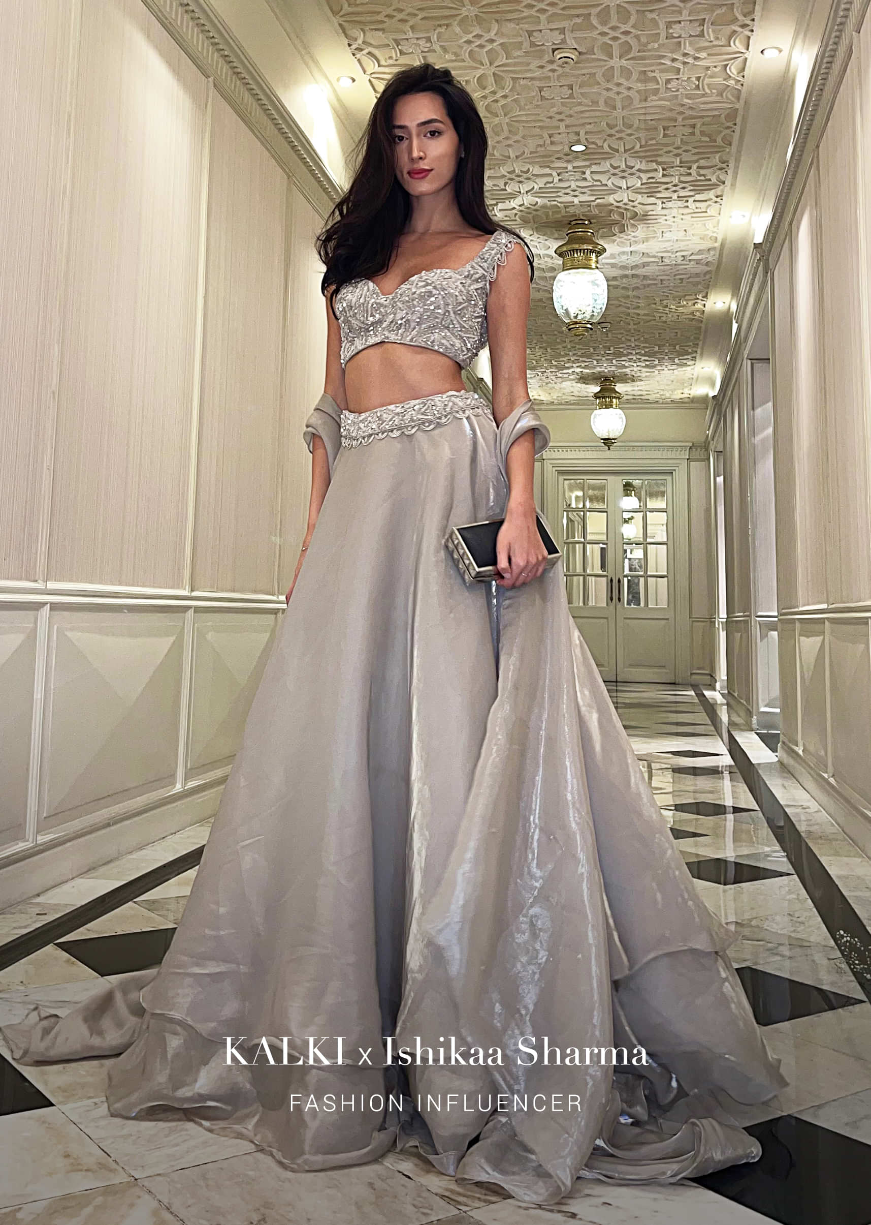 Oyster Organza Layered Skirt With Sleeveless Hand Embroidered Crop Top - Image 6