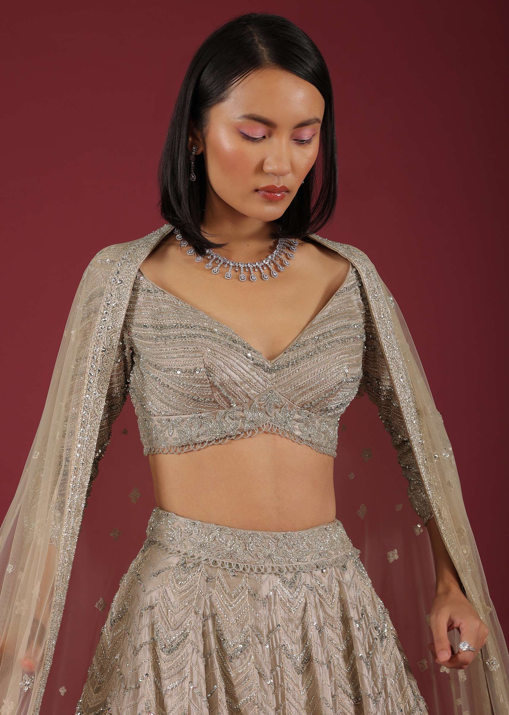 Oyster Organza Lehenga With Cut Dana Embroidery, Crop Top Comes In 3/4Th Sleeves With A Deep V Neckline - Image 3