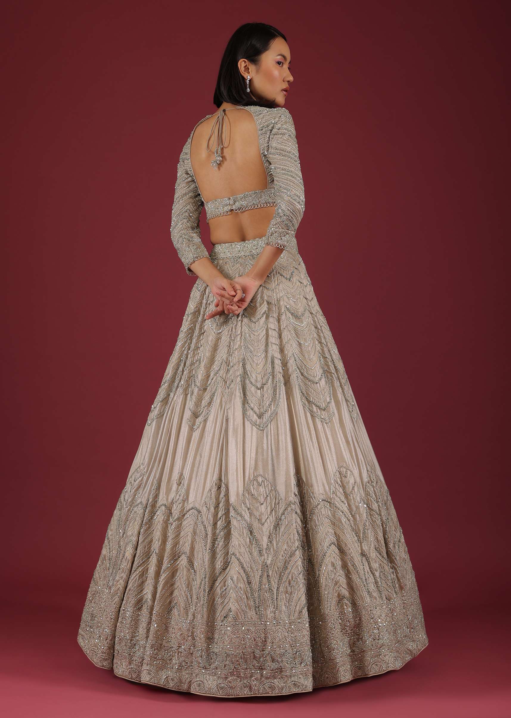 Oyster Organza Lehenga With Cut Dana Embroidery, Crop Top Comes In 3/4Th Sleeves With A Deep V Neckline - Image 5