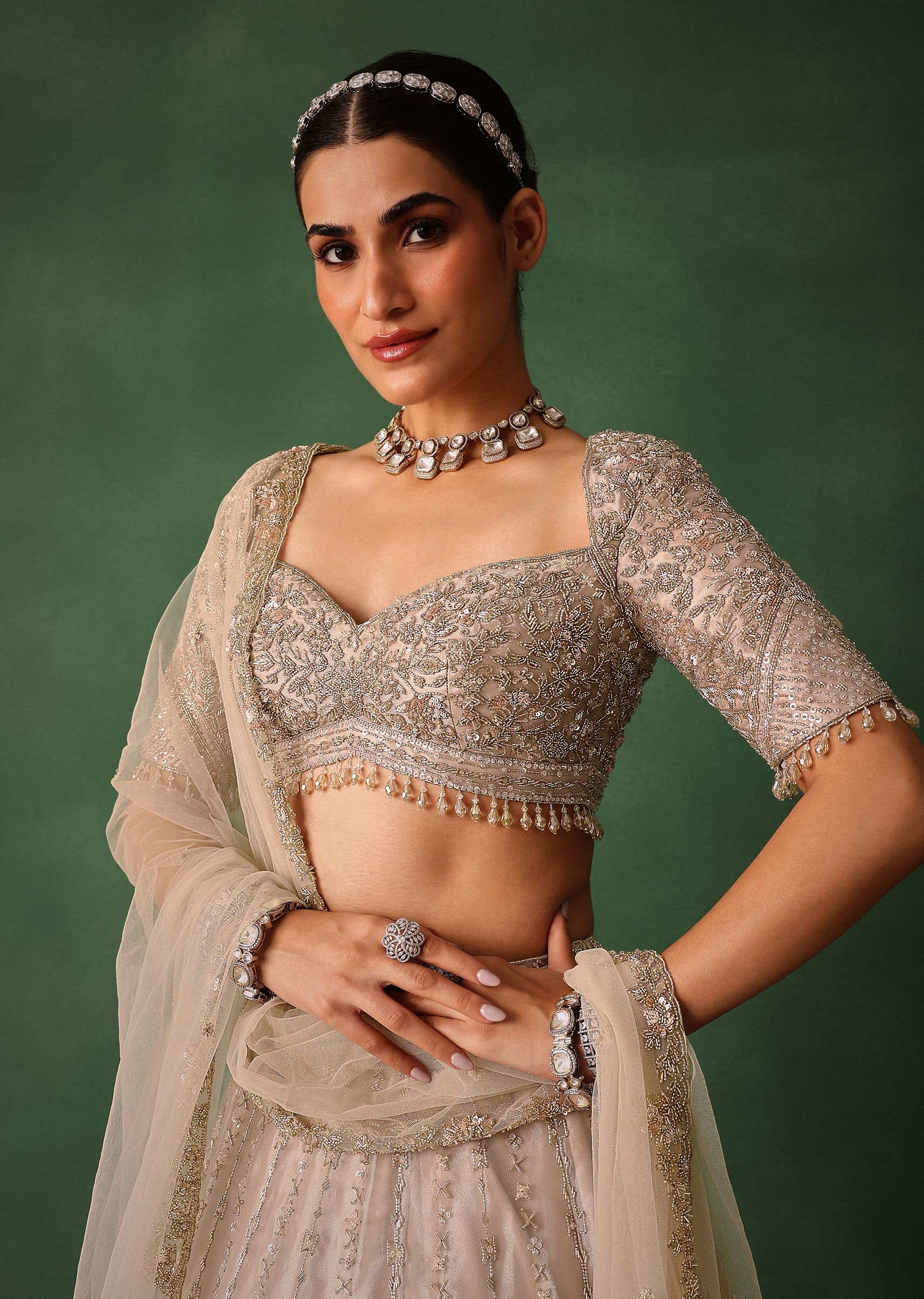 Oyster Pink Hand Embroidered Organza Lehenga Set - Image 3