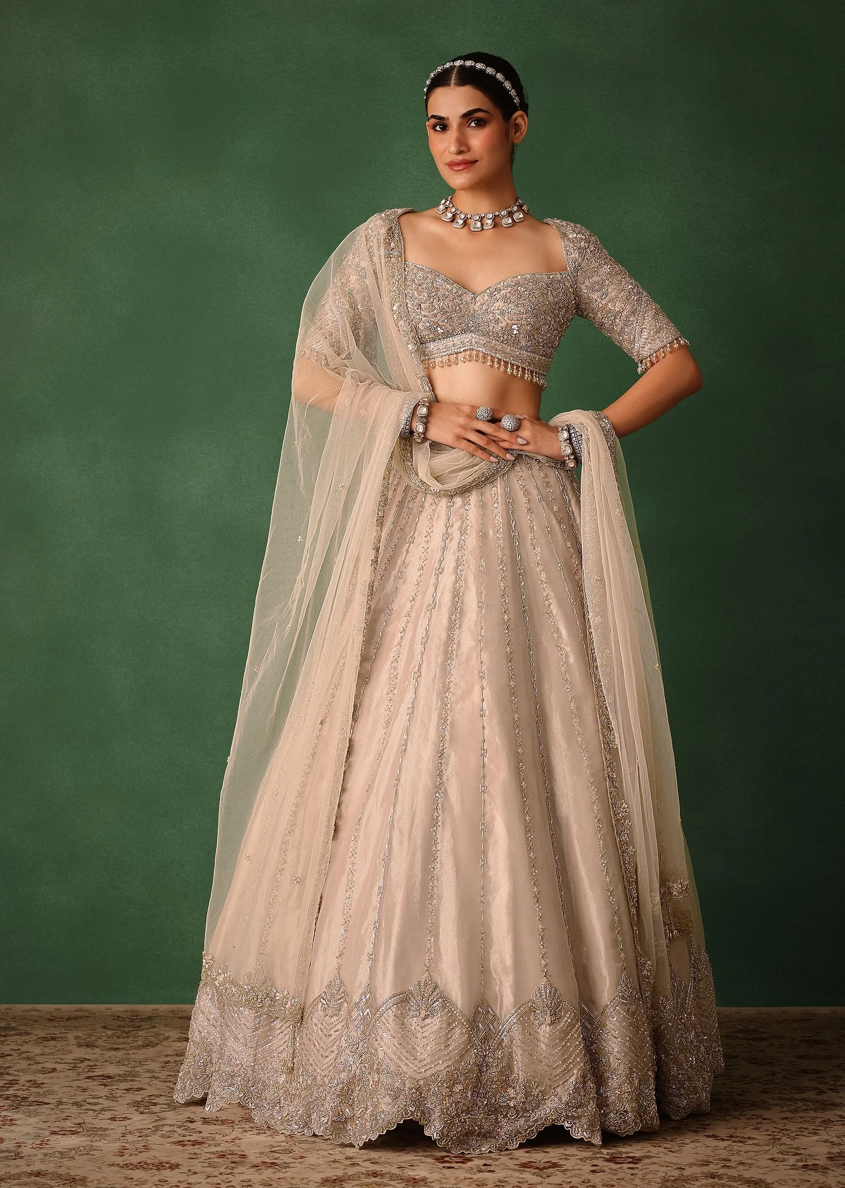 Oyster Pink Hand Embroidered Organza Lehenga Set - Image 4
