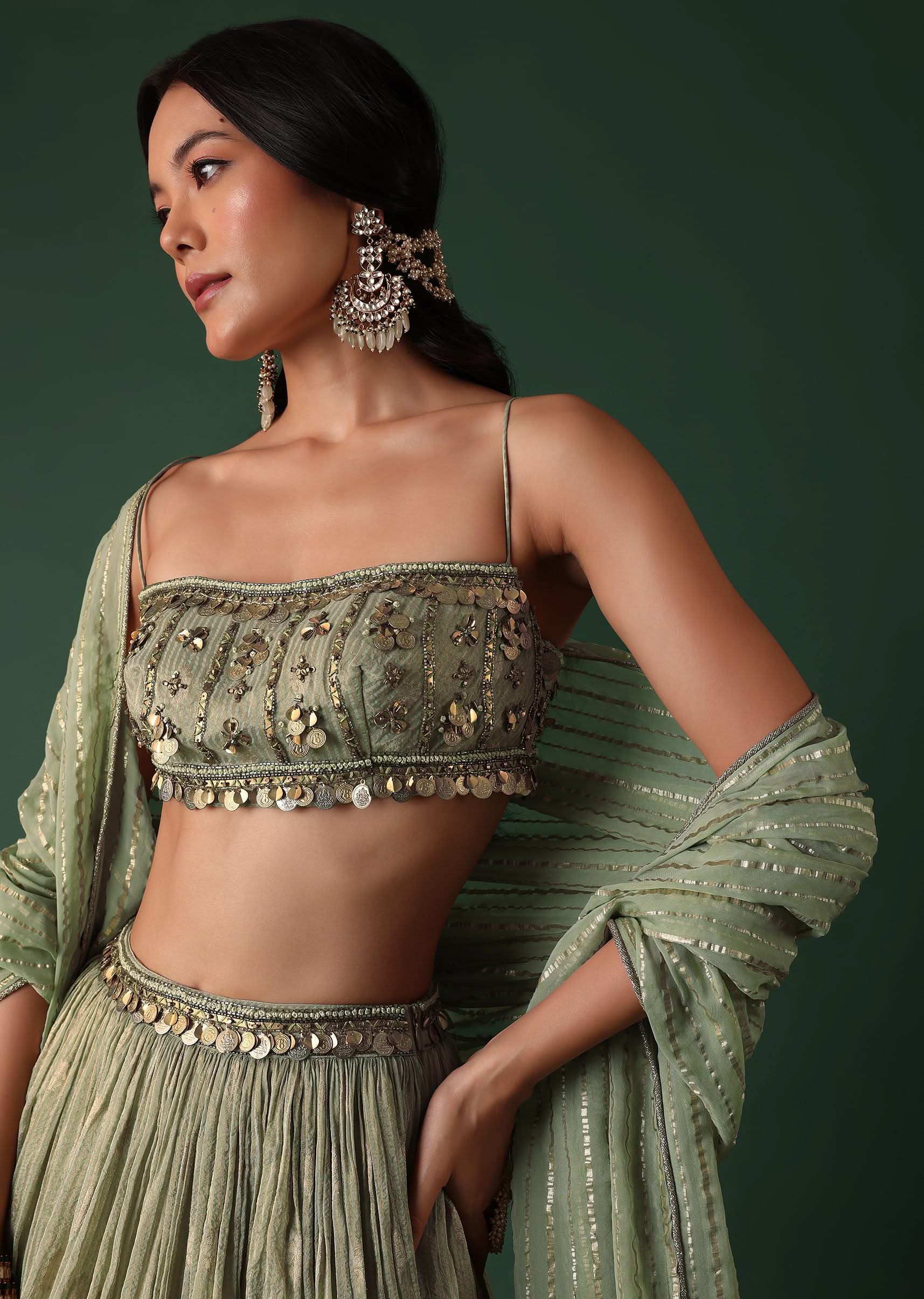 Pale Olive Green Printed Lehenga And Blouse Set In Banarasi Silk - Image 2