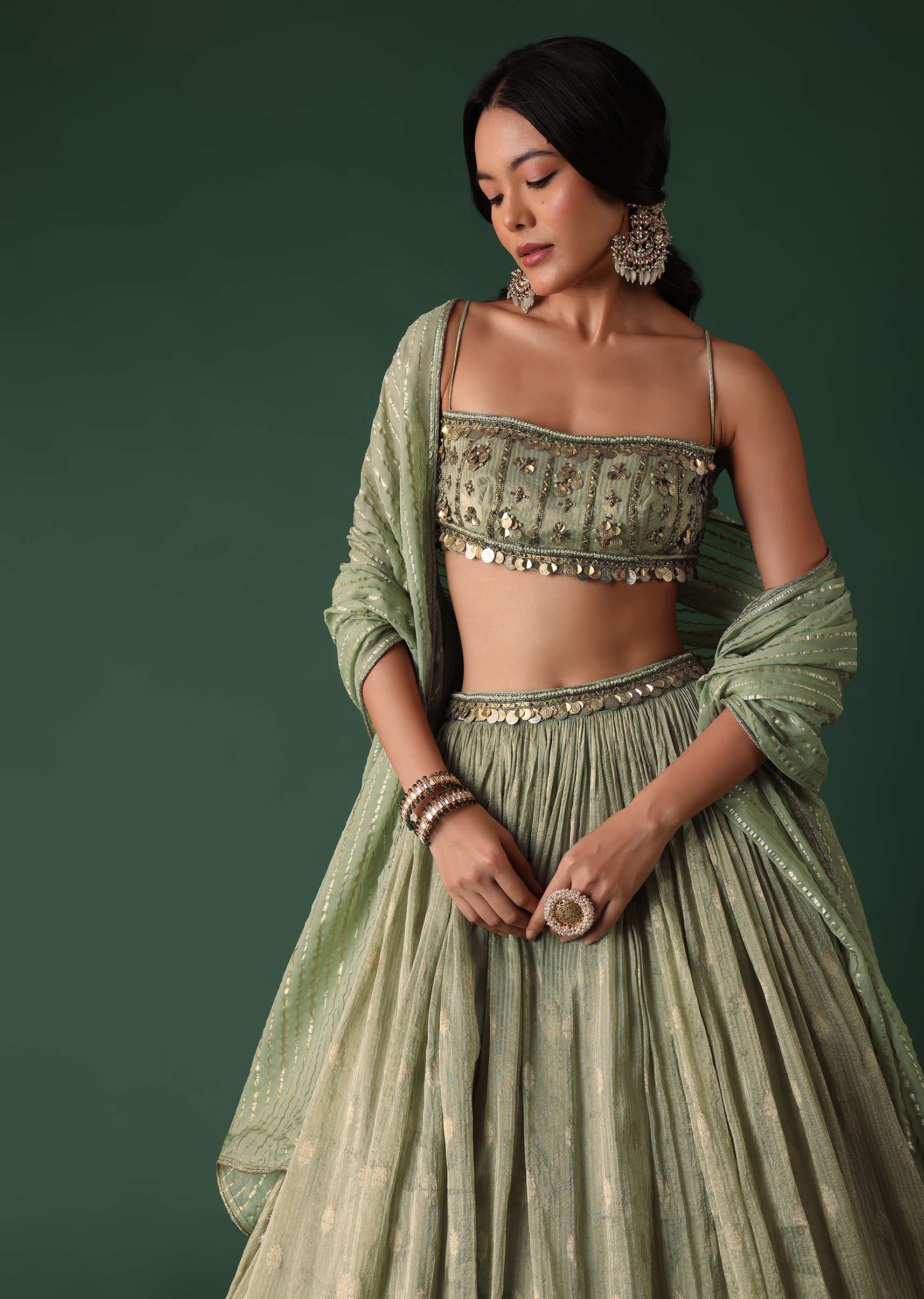 Pale Olive Green Printed Lehenga And Blouse Set In Banarasi Silk - Image 4