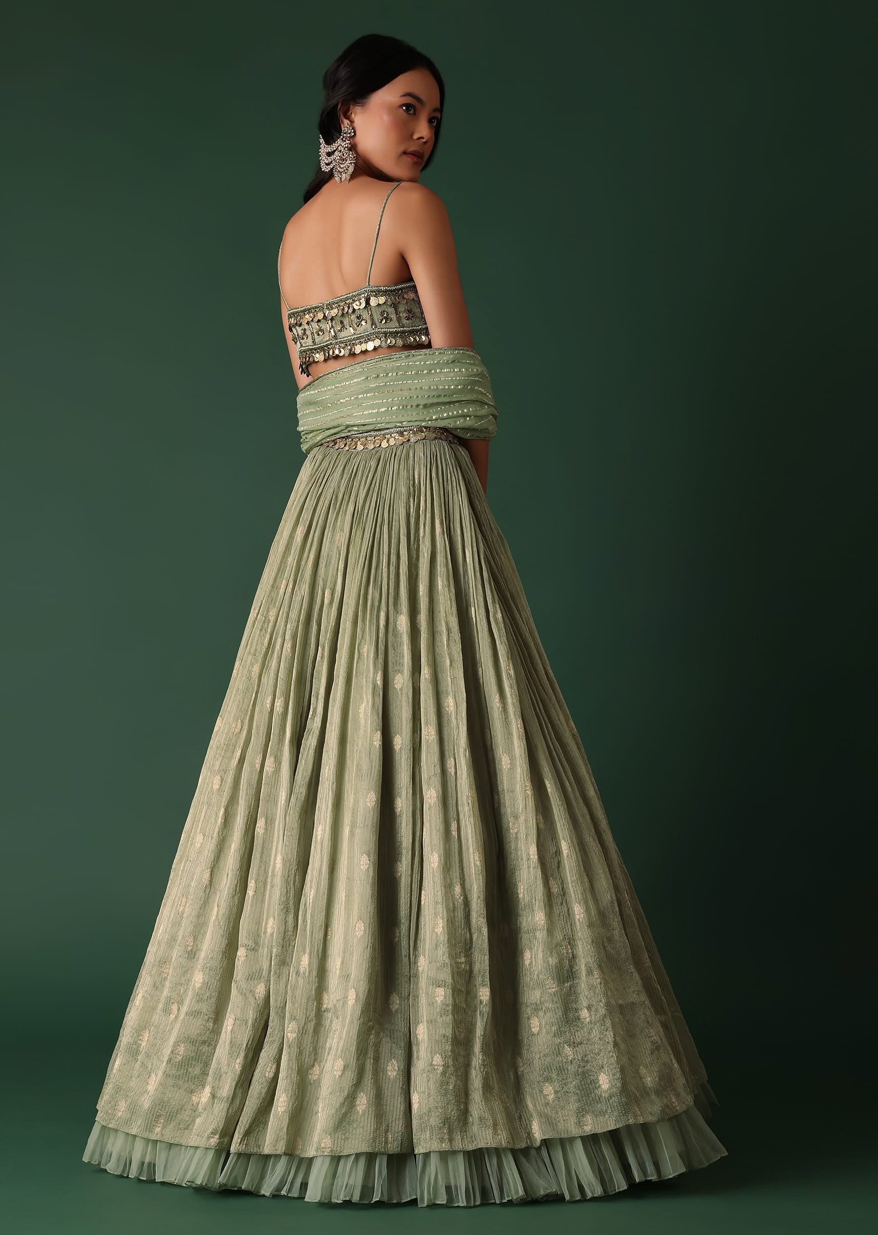Pale Olive Green Printed Lehenga And Blouse Set In Banarasi Silk - Image 5
