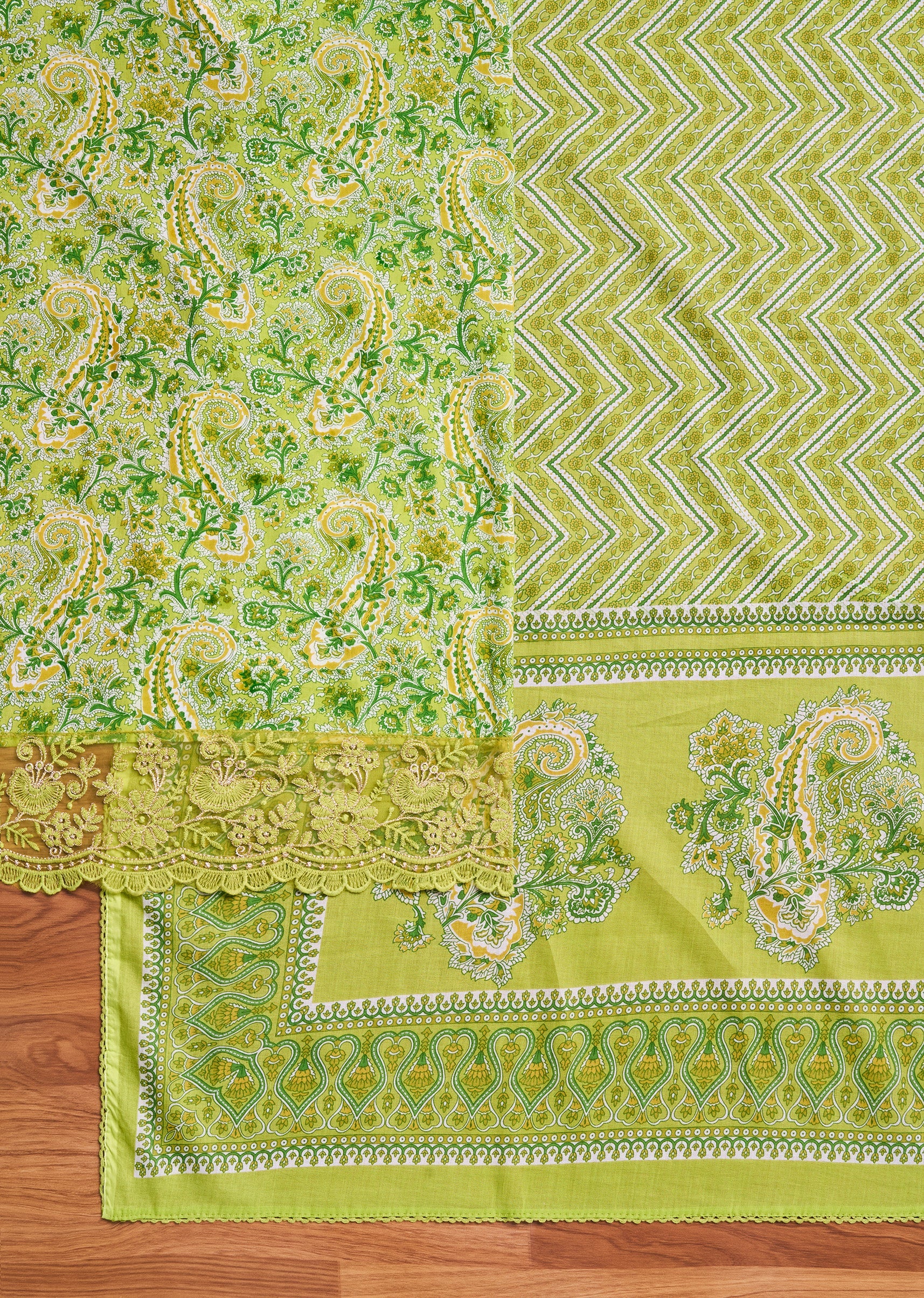 Parrot Green Cotton Floral Printed Unstitched Suit Set - Image 3