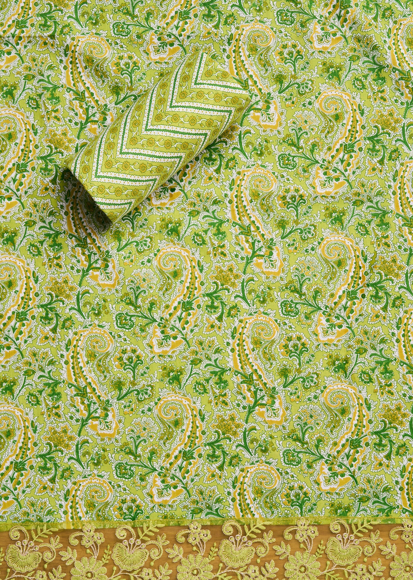 Parrot Green Cotton Floral Printed Unstitched Suit Set - Image 4