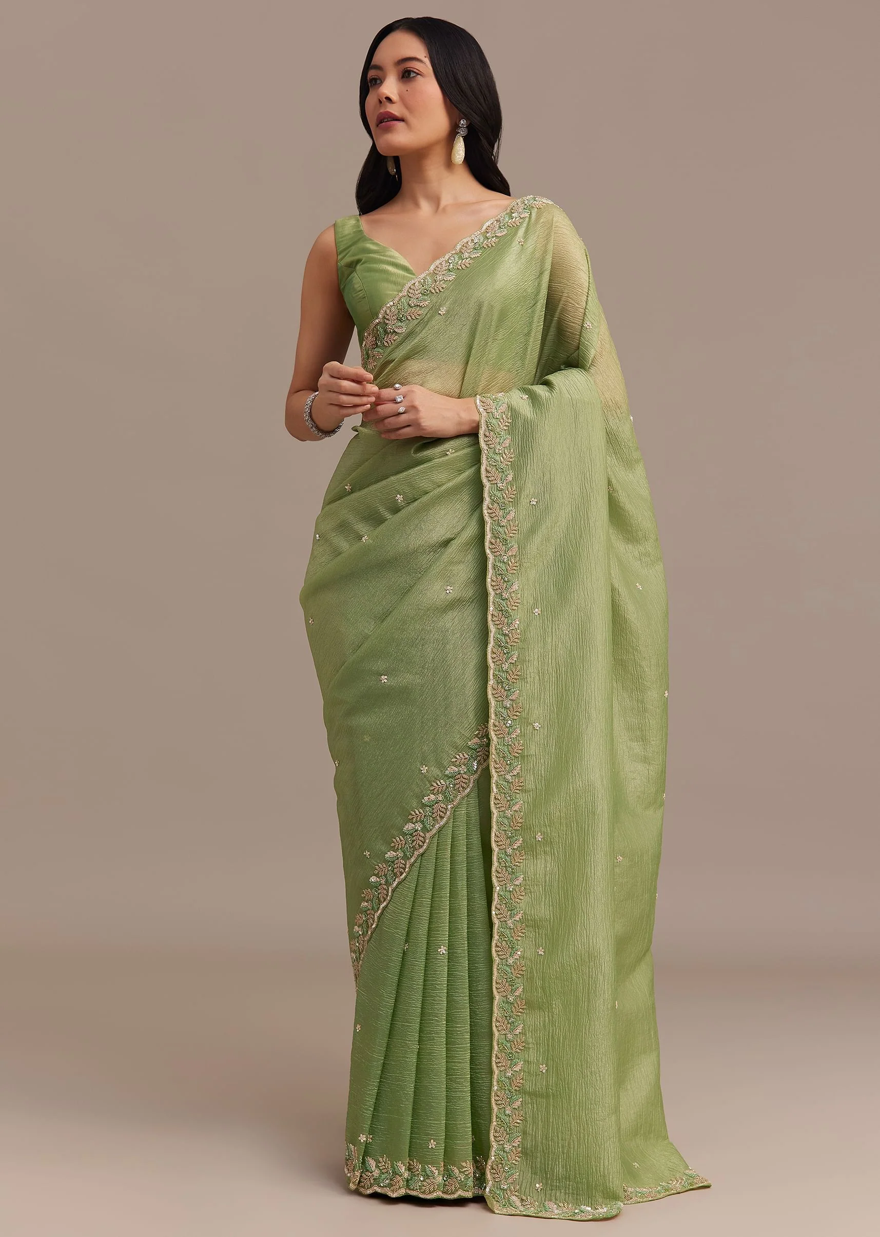 Parrot Green Crushed Tissue Saree With Sequins And Scallop Border - Image 2