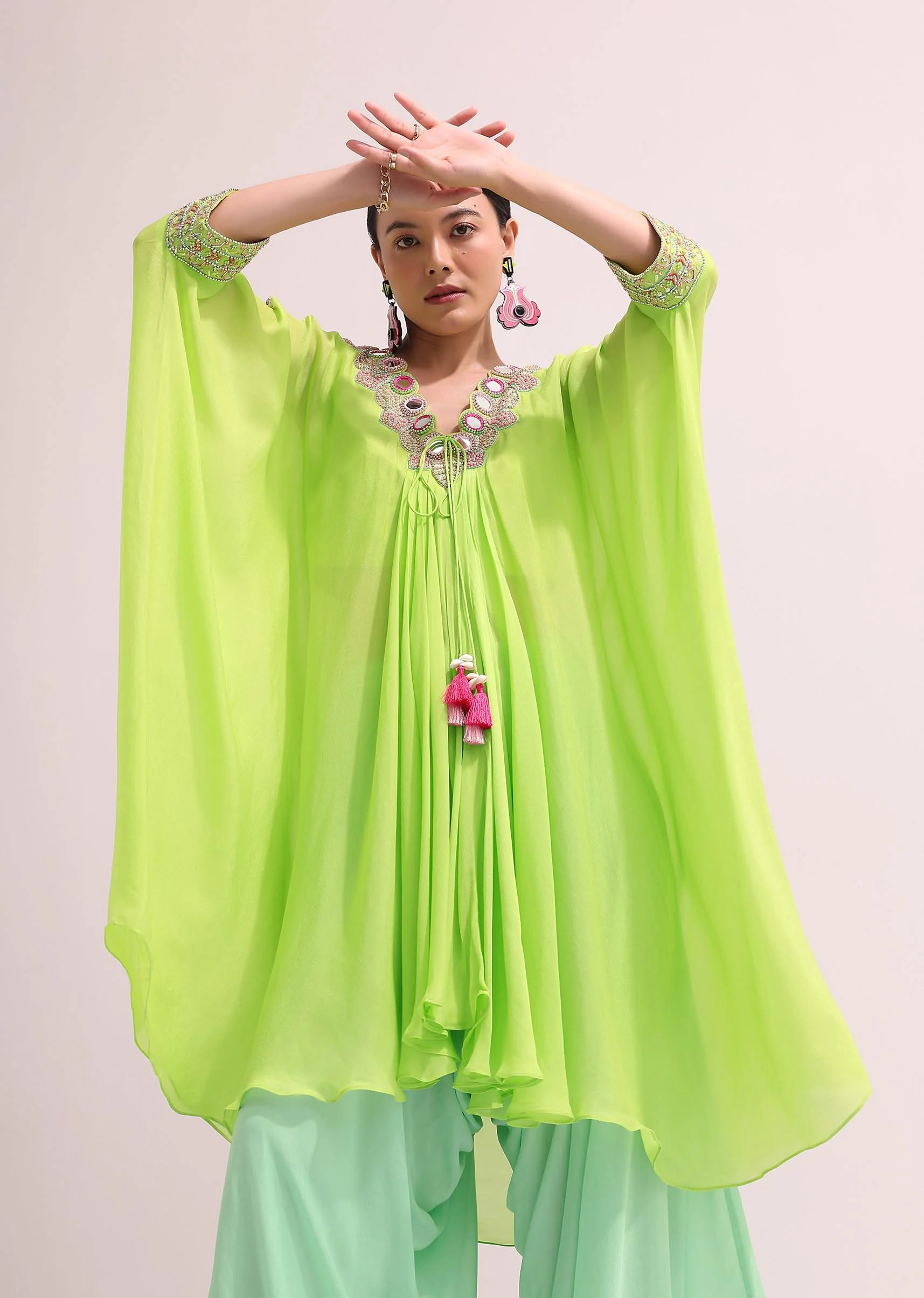 Parrot Green Embroidered Kurta Palazzo Set - Image 4