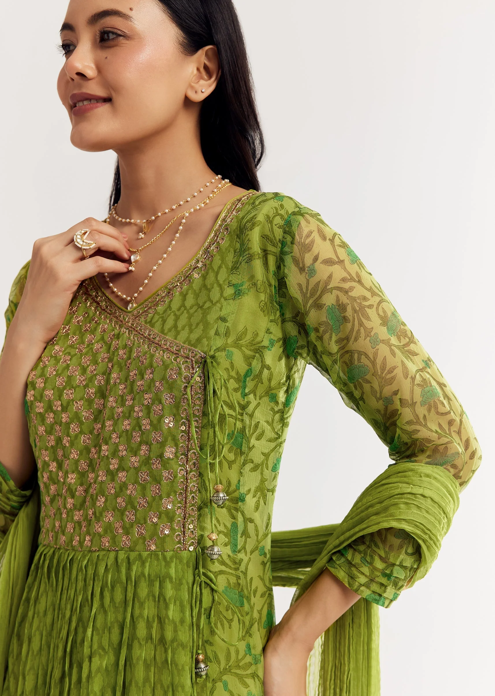 Parrot Green Floral Chiffon Anarkali Kurta Set With Dupatta - Image 3