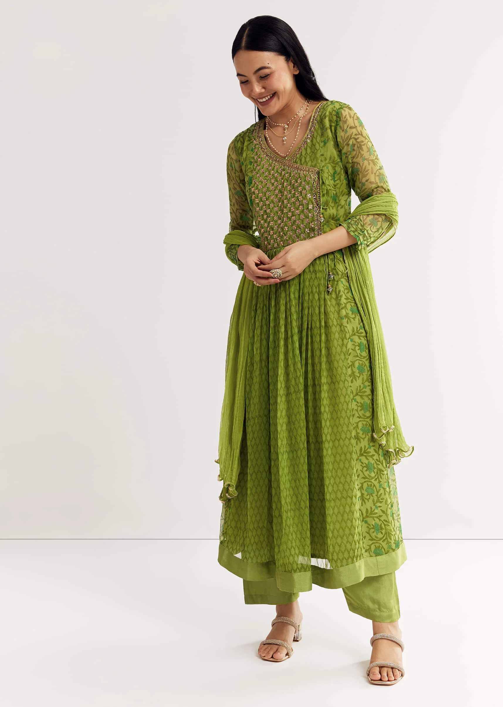 Parrot Green Floral Chiffon Anarkali Kurta Set With Dupatta - Image 4