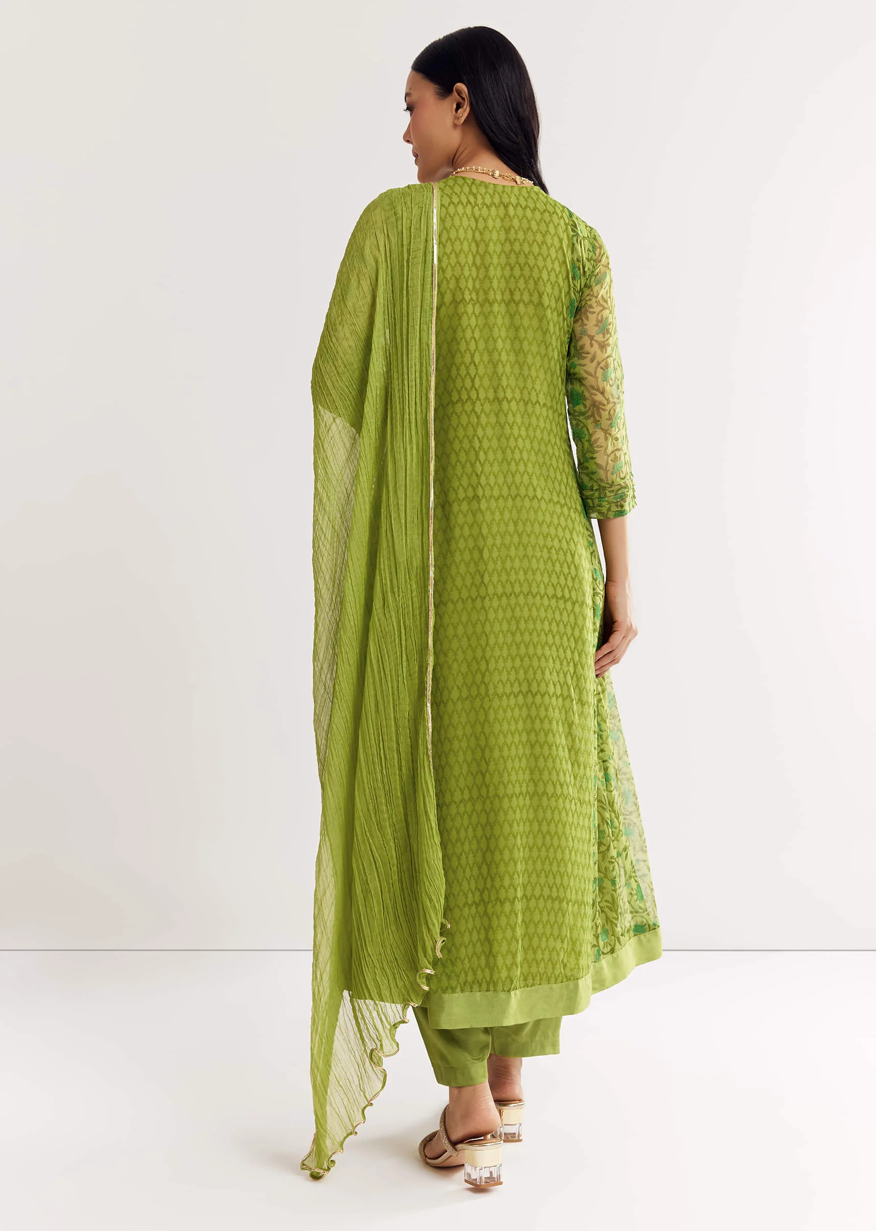 Parrot Green Floral Chiffon Anarkali Kurta Set With Dupatta - Image 5