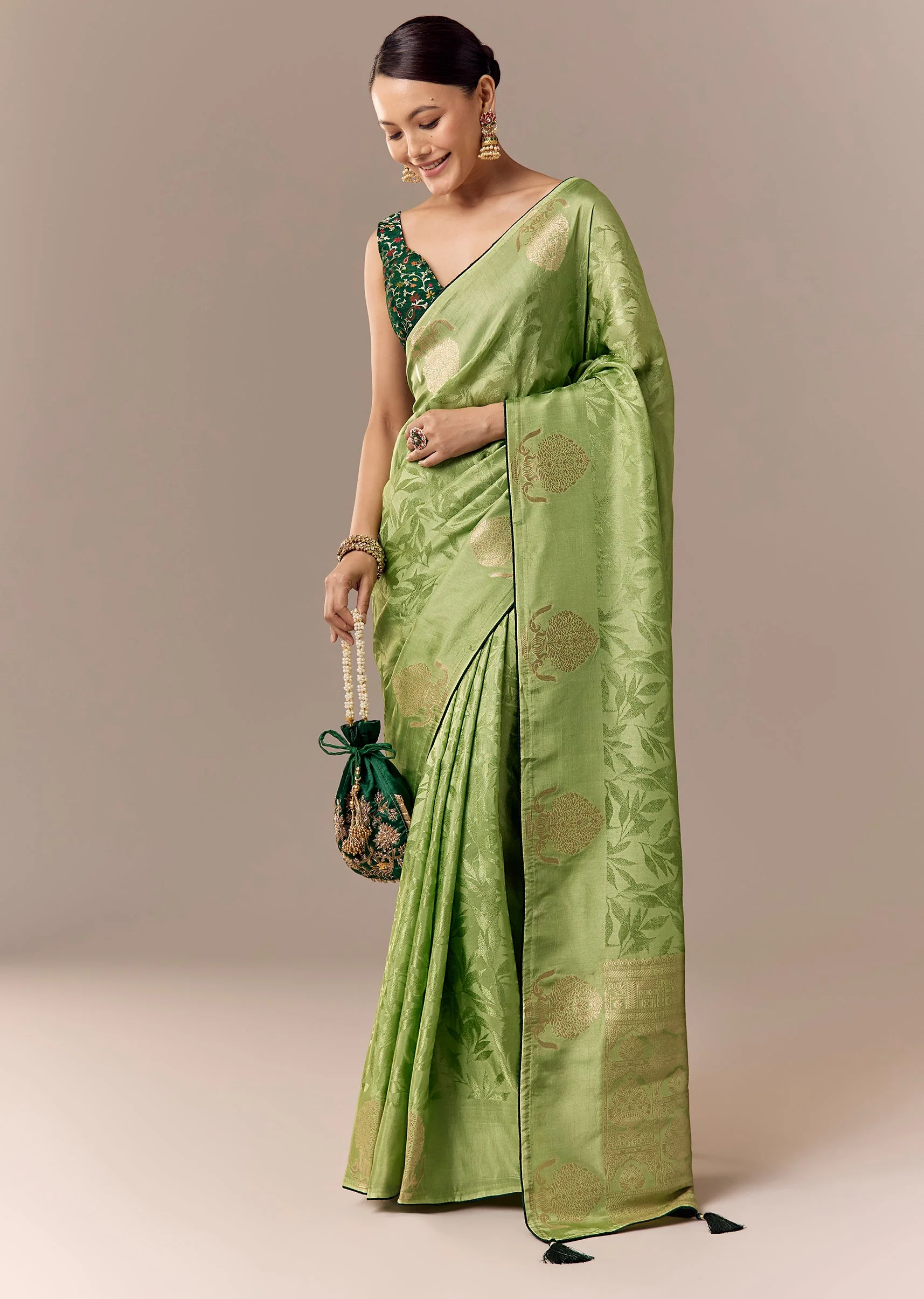 Parrot Green Jacquard Zari Saree with Contrast Brocade Blouse