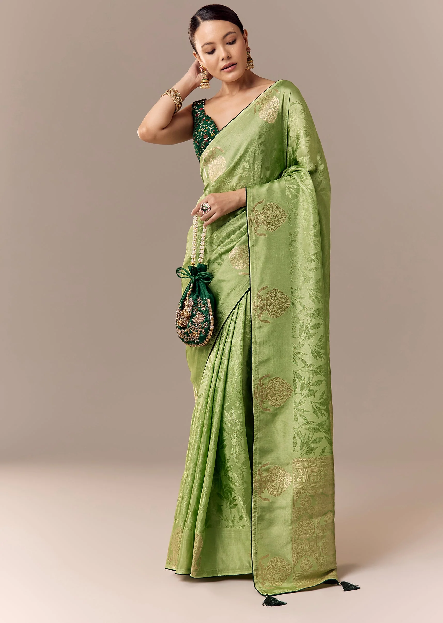 Parrot Green Jacquard Zari Saree with Contrast Brocade Blouse - Image 3