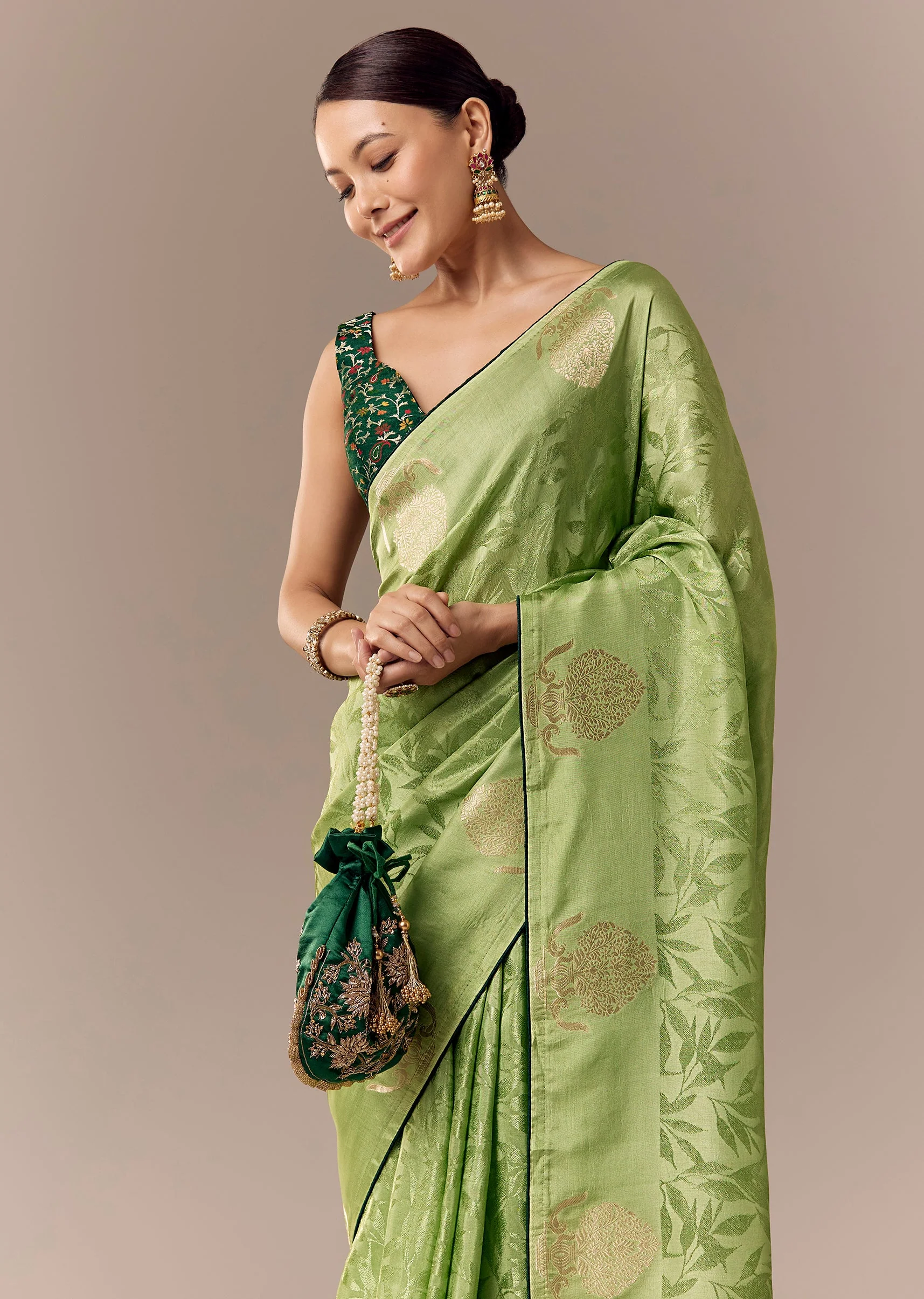 Parrot Green Jacquard Zari Saree with Contrast Brocade Blouse - Image 5