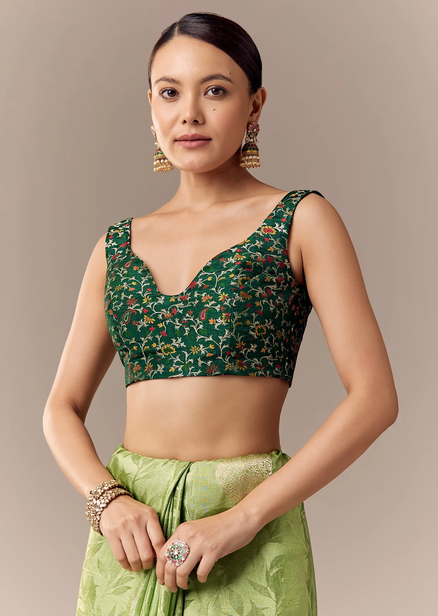 Parrot Green Jacquard Zari Saree with Contrast Brocade Blouse - Image 7