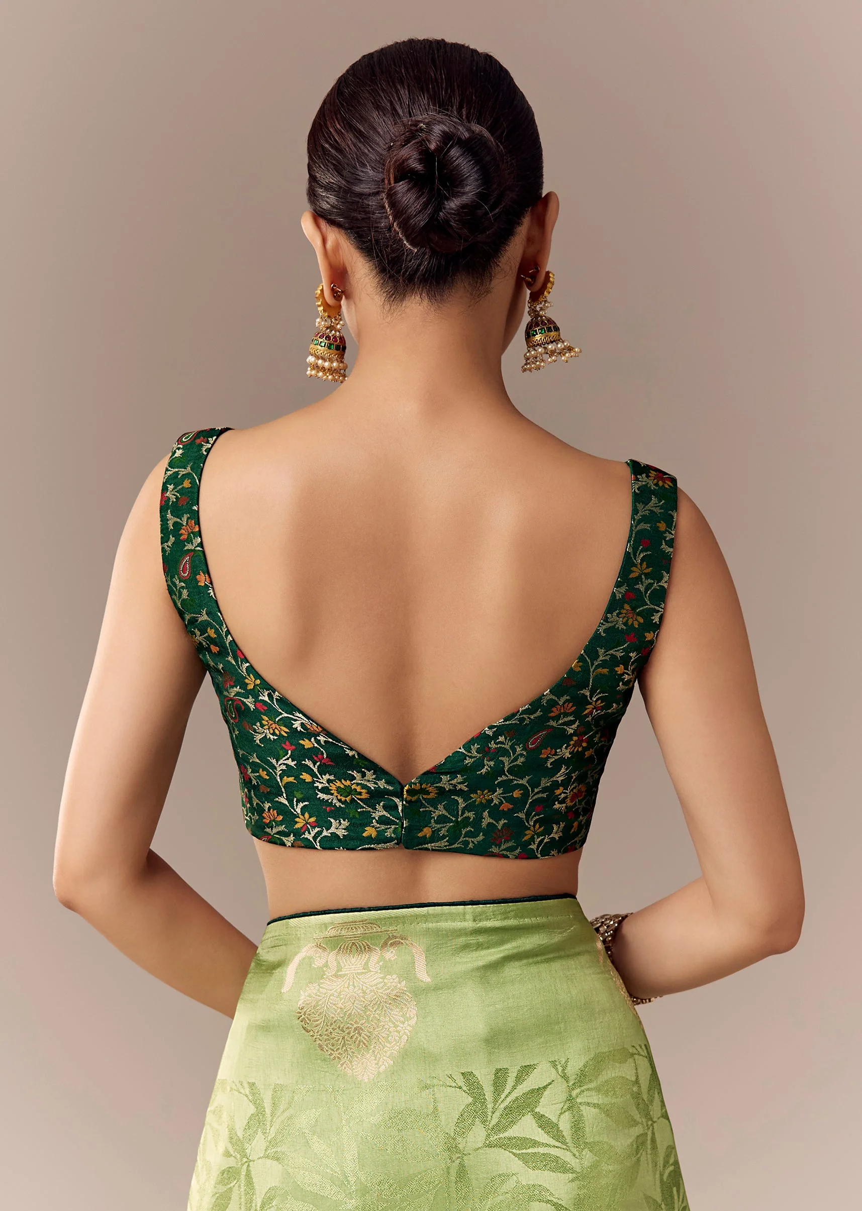 Parrot Green Jacquard Zari Saree with Contrast Brocade Blouse - Image 8