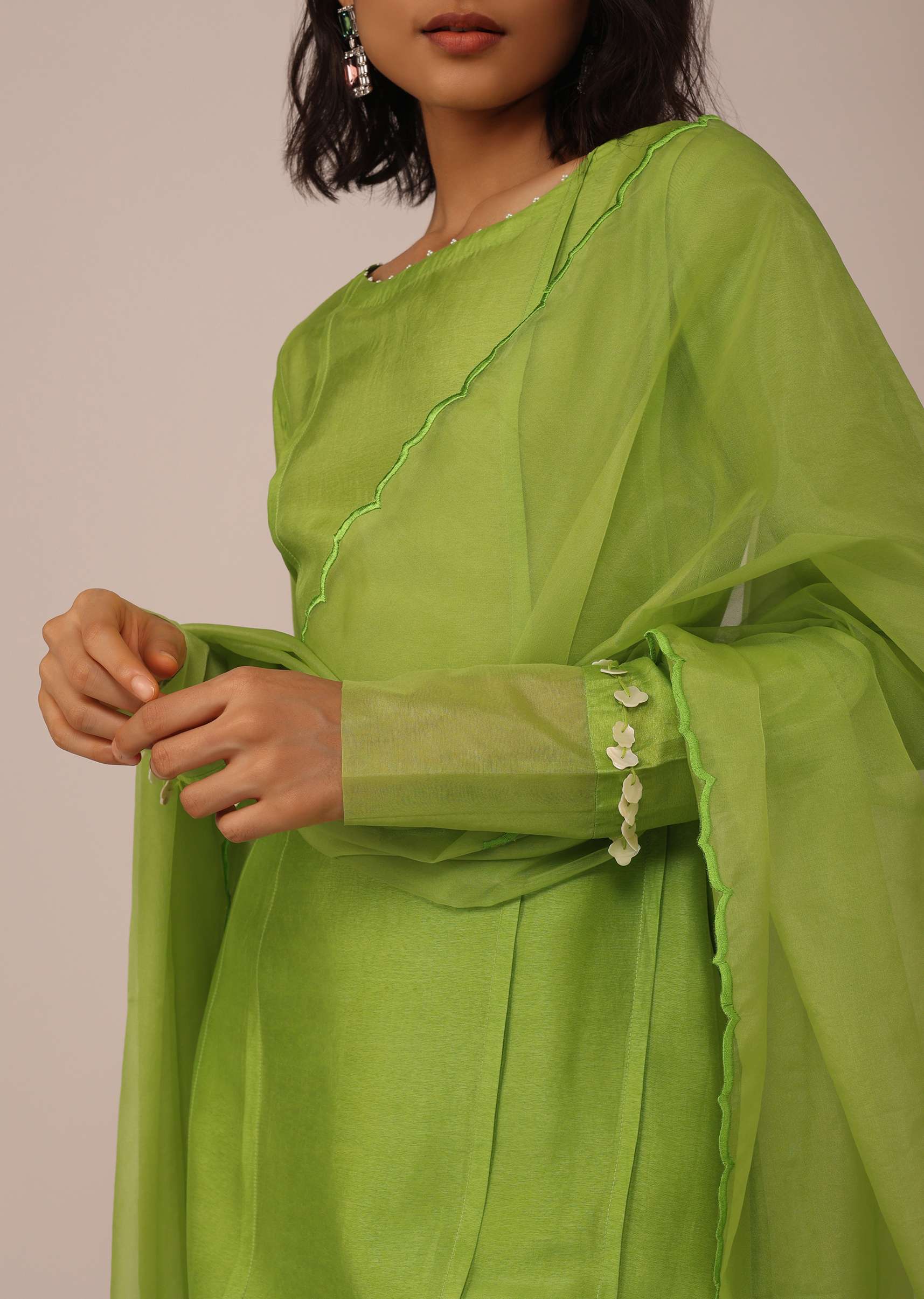 Parrot Green Suit Set In Art Silk With Tassels On The Sleeves - Image 3