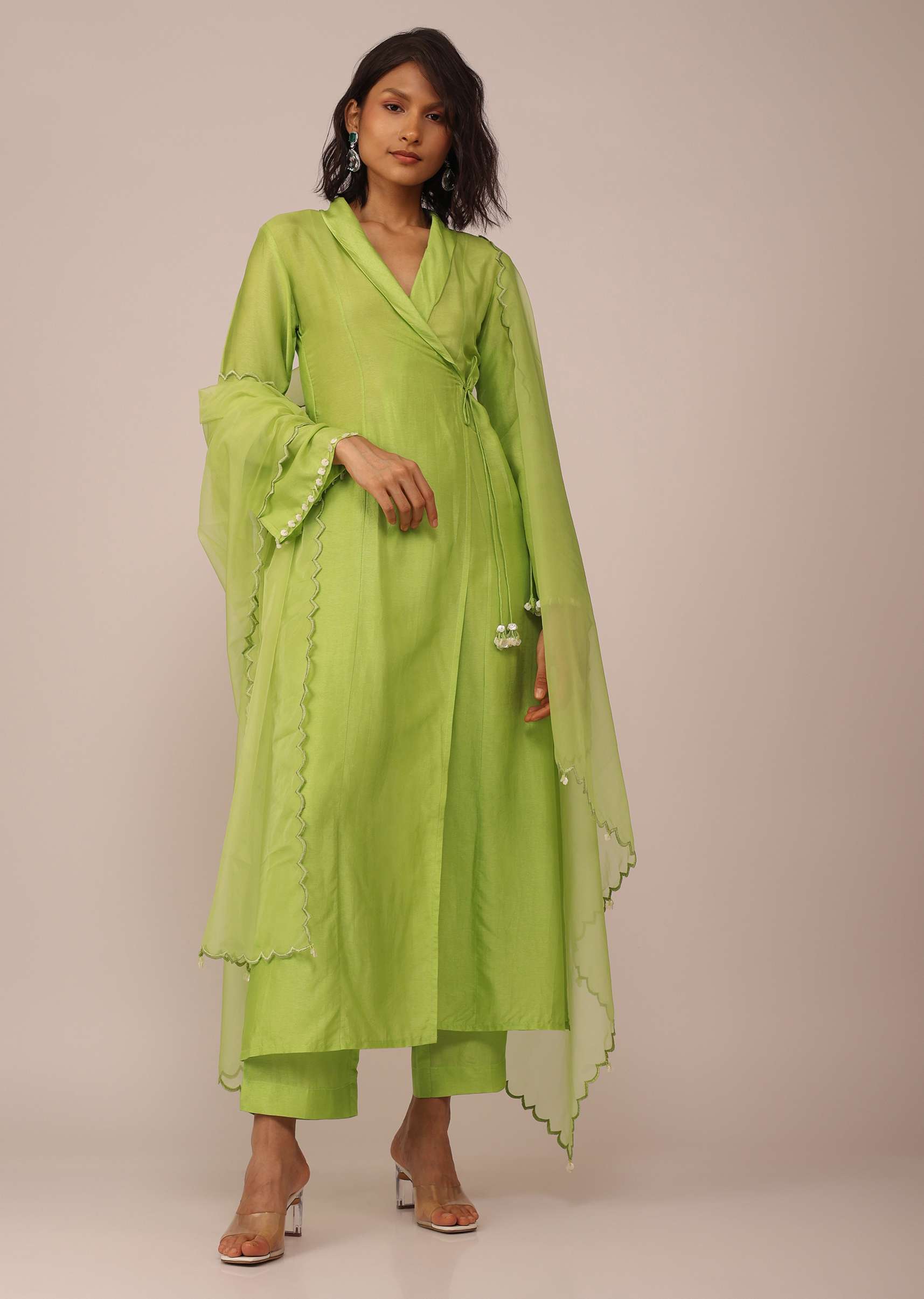 Parrot Green Suit Set In Art Silk With Tassels On The Sleeves And Dupatta - Image 3
