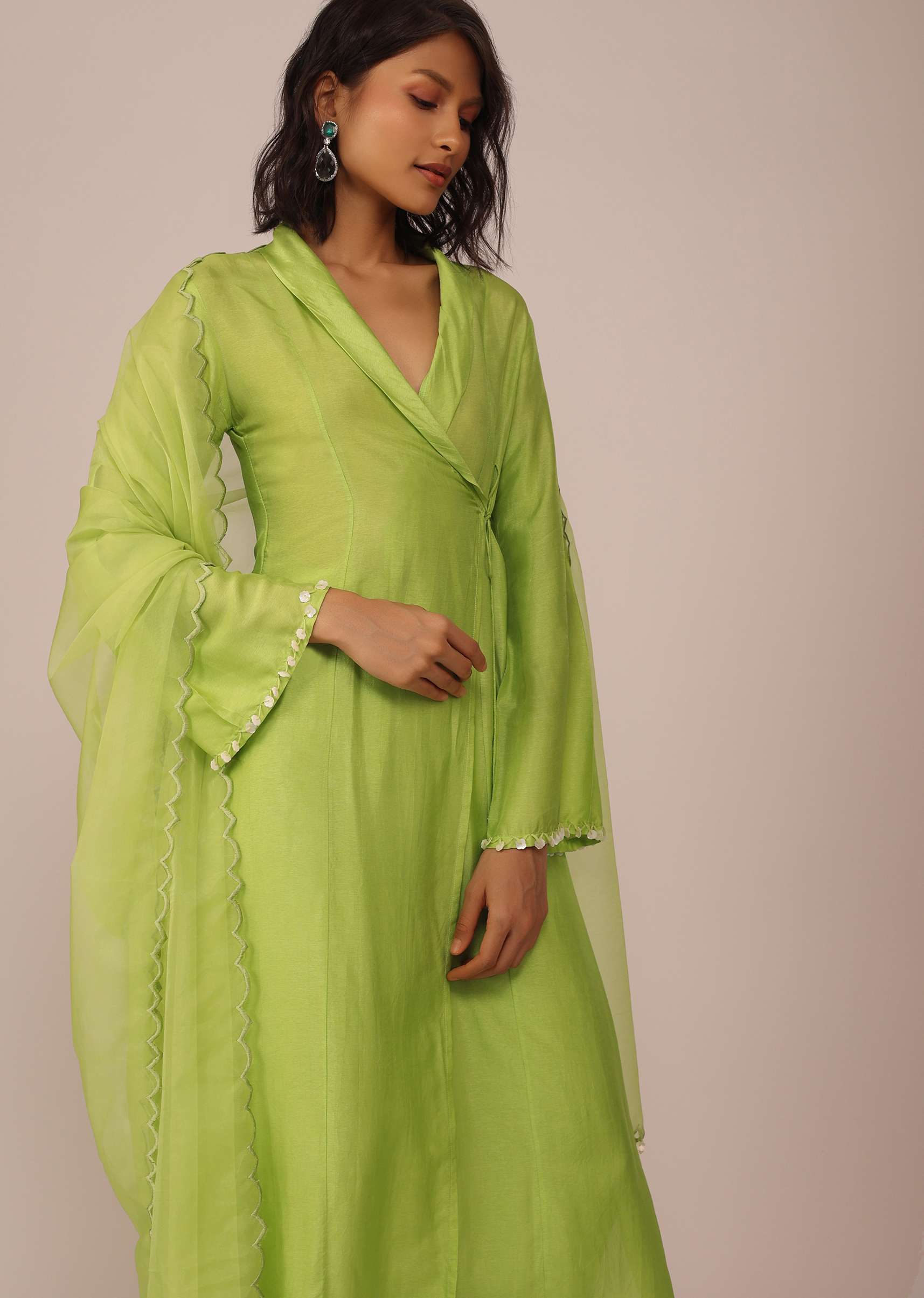 Parrot Green Suit Set In Art Silk With Tassels On The Sleeves And Dupatta - Image 4