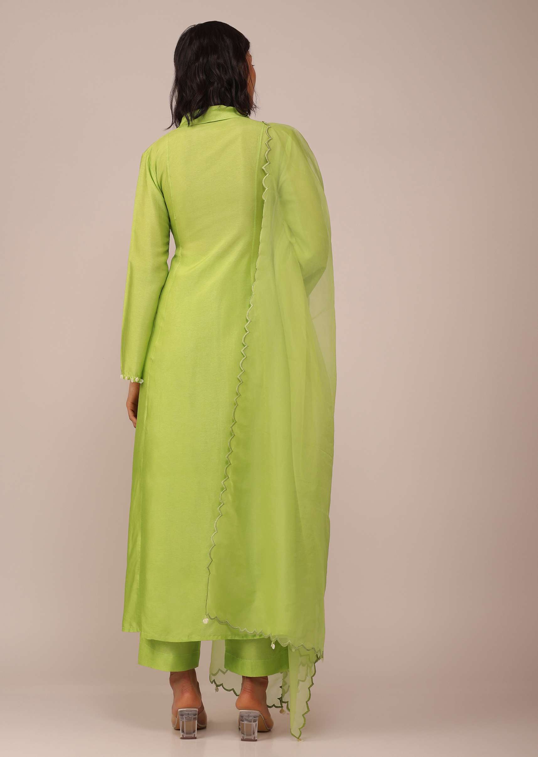 Parrot Green Suit Set In Art Silk With Tassels On The Sleeves And Dupatta - Image 5