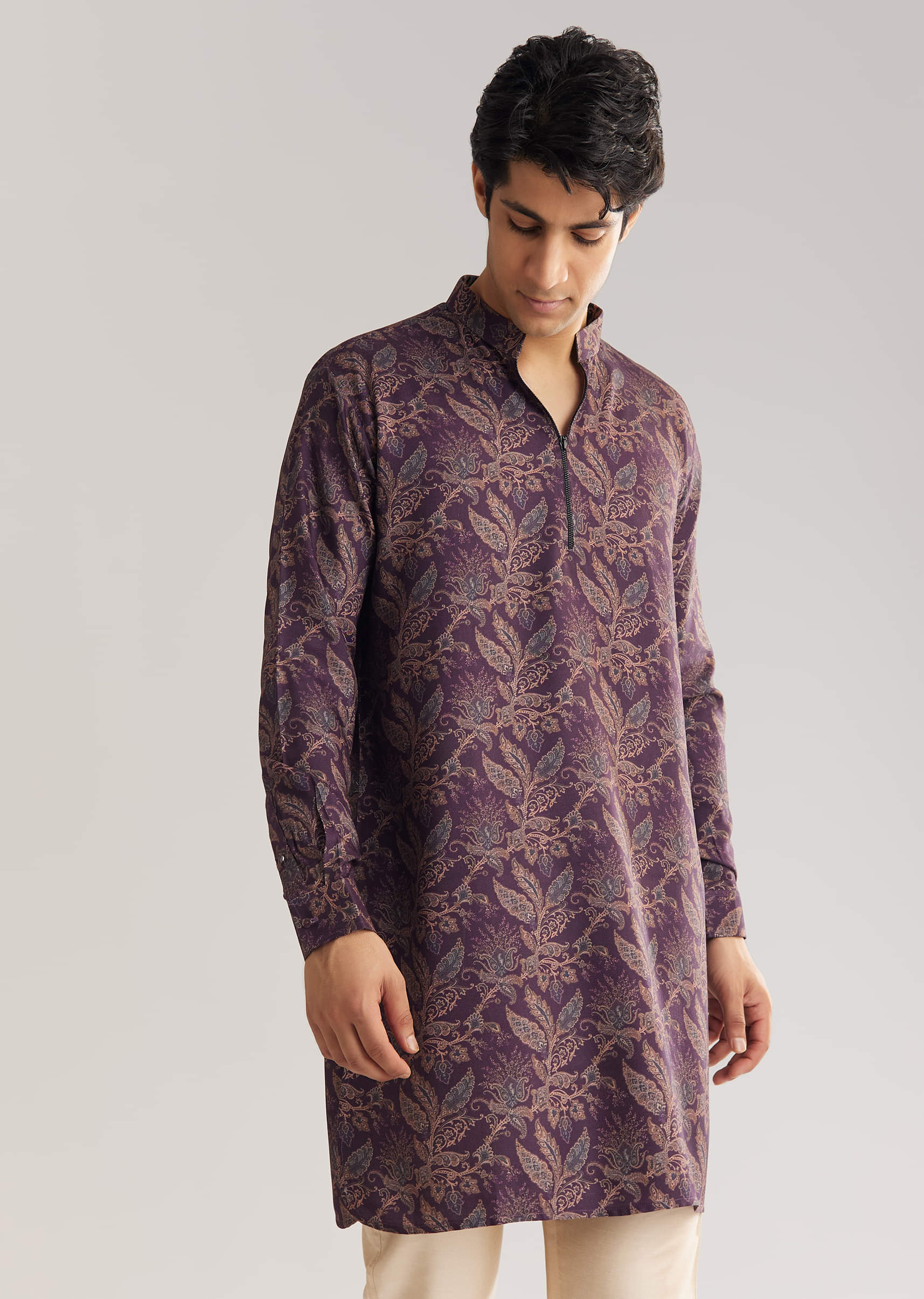 Pashmina Zipper Kurta Pant Set In Purple