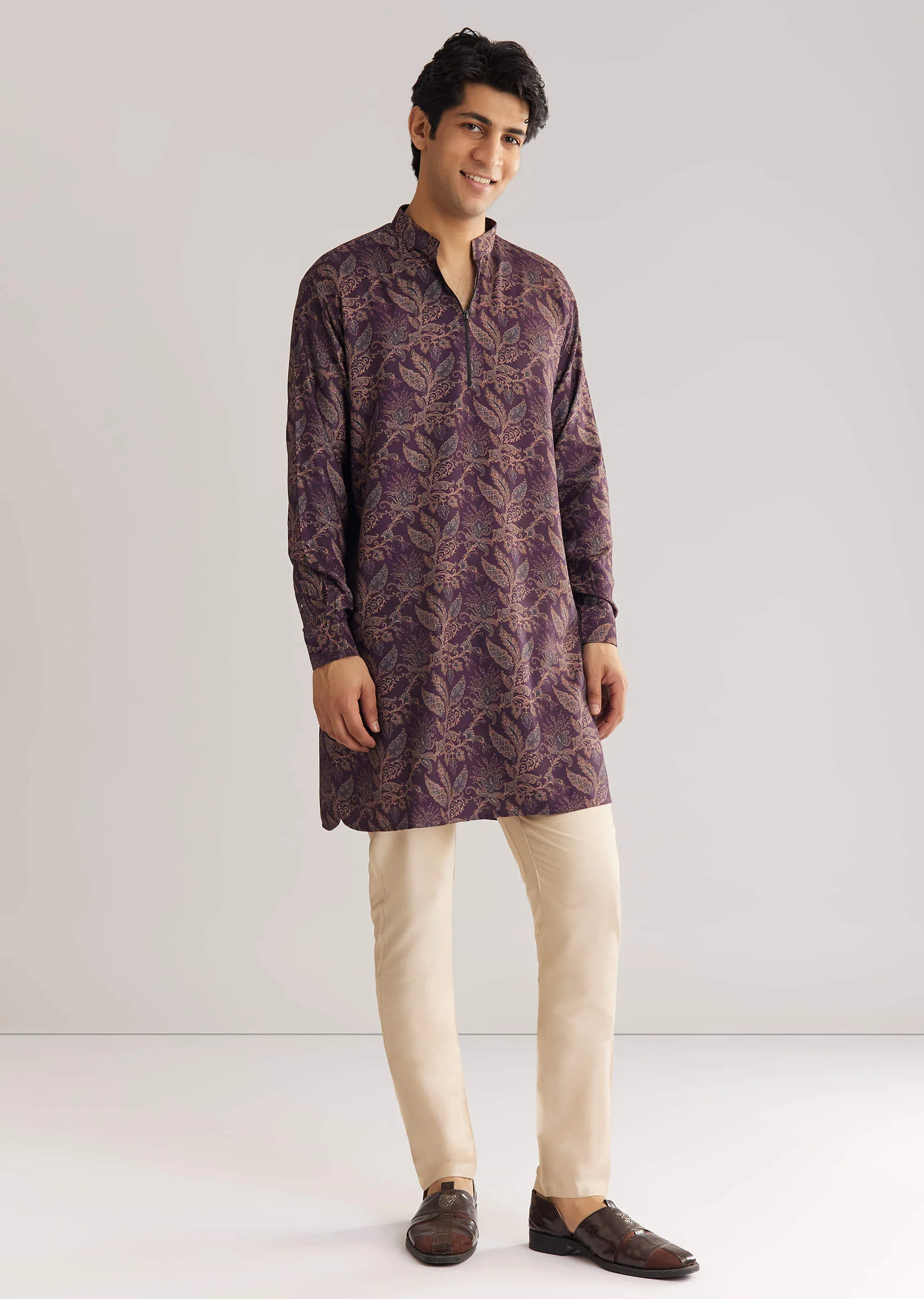 Pashmina Zipper Kurta Pant Set In Purple - Image 4