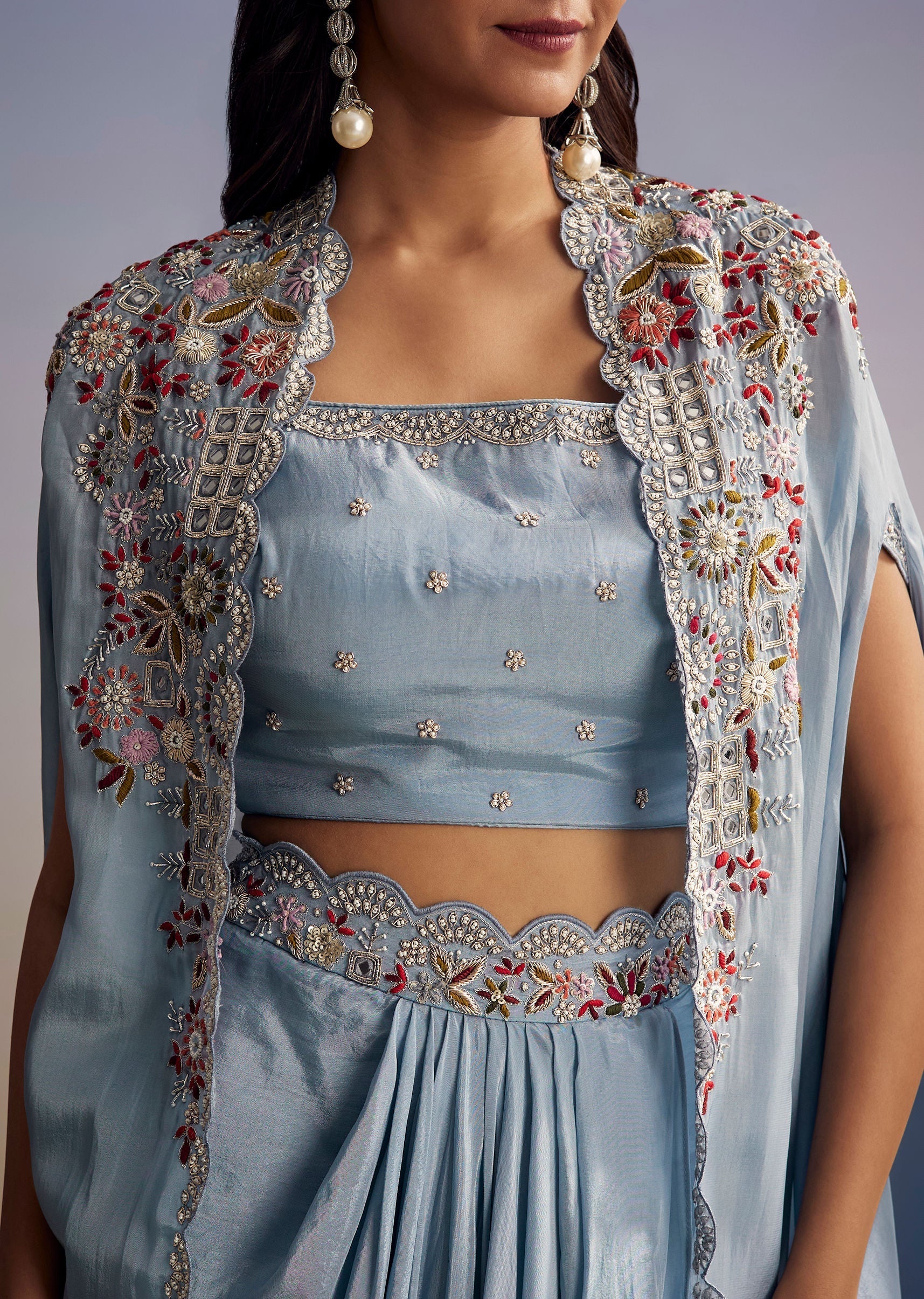 Pastel Blue Crop Top Skirt Set With Embroidered Cape Overlay - Image 2