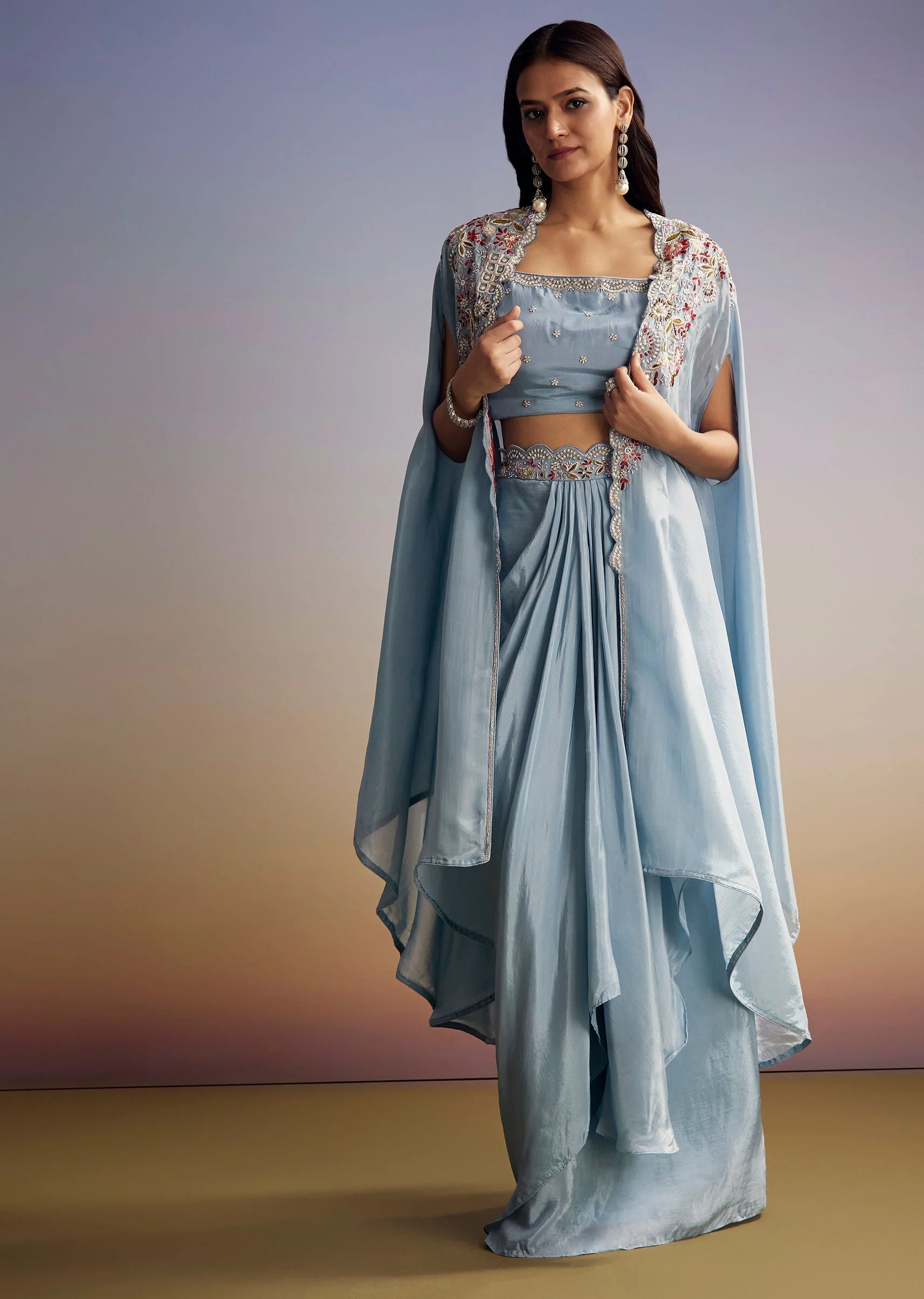 Pastel Blue Crop Top Skirt Set With Embroidered Cape Overlay - Image 3