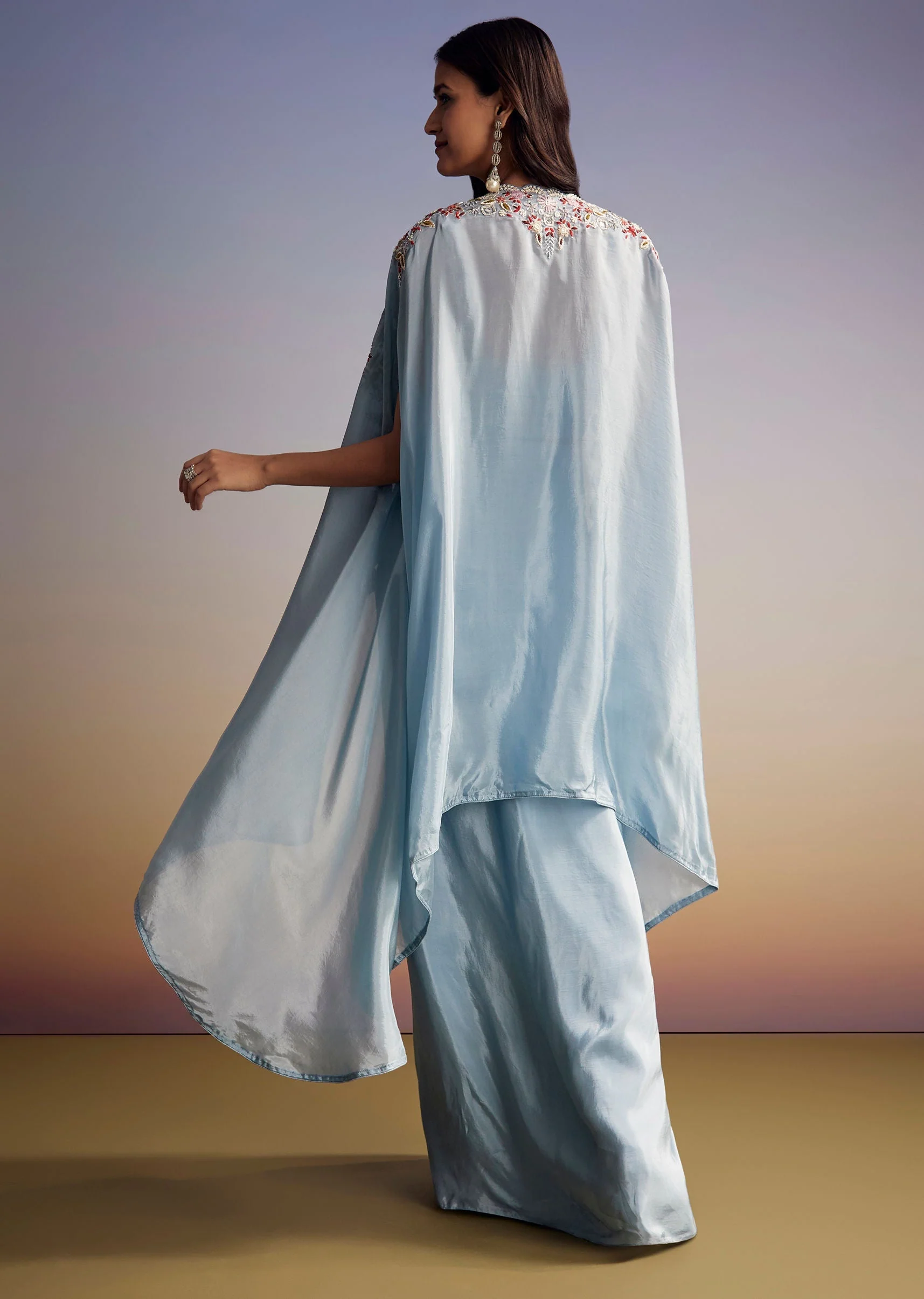 Pastel Blue Crop Top Skirt Set With Embroidered Cape Overlay - Image 5