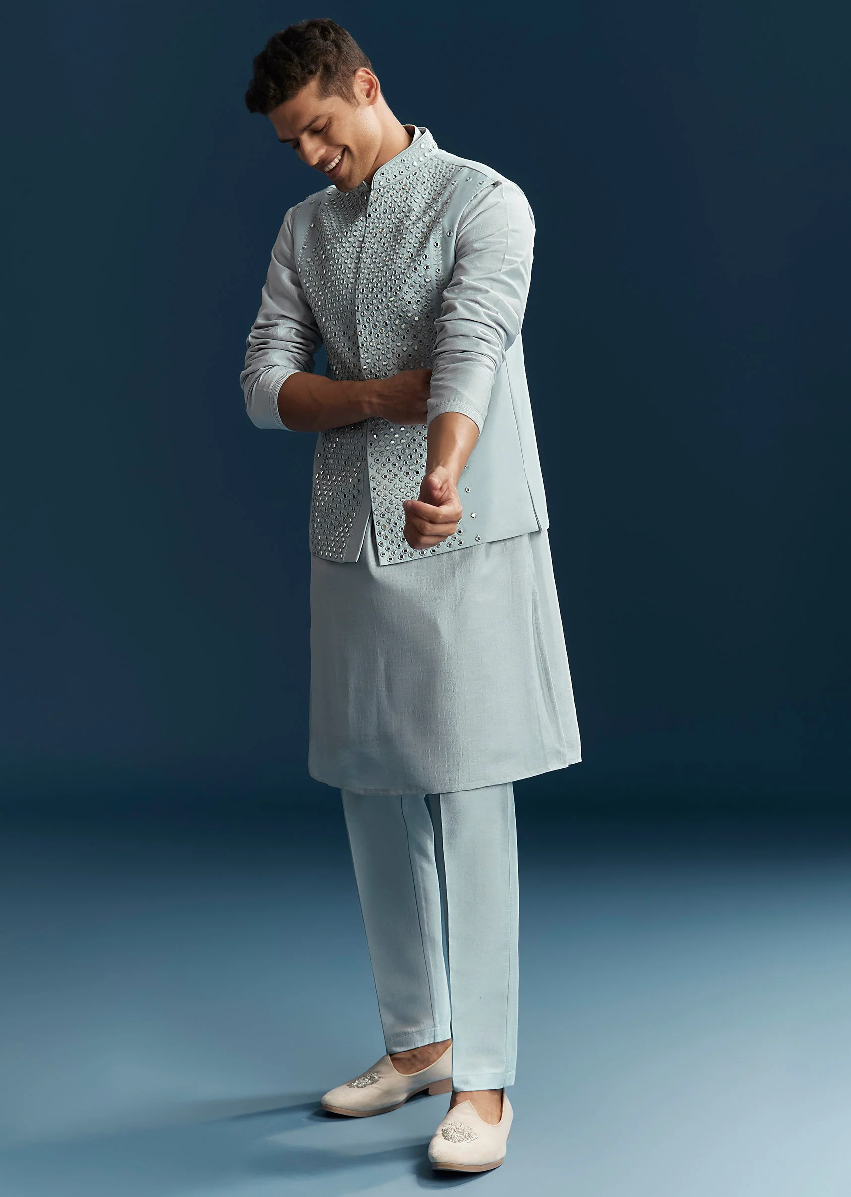 Pastel Blue Silk Kurta Jacket Set With Thread And Mirror Work - Image 3