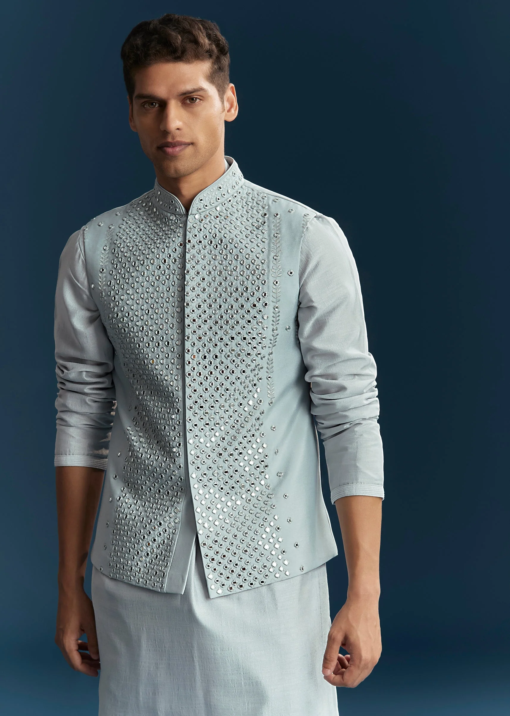 Pastel Blue Silk Kurta Jacket Set With Thread And Mirror Work - Image 4