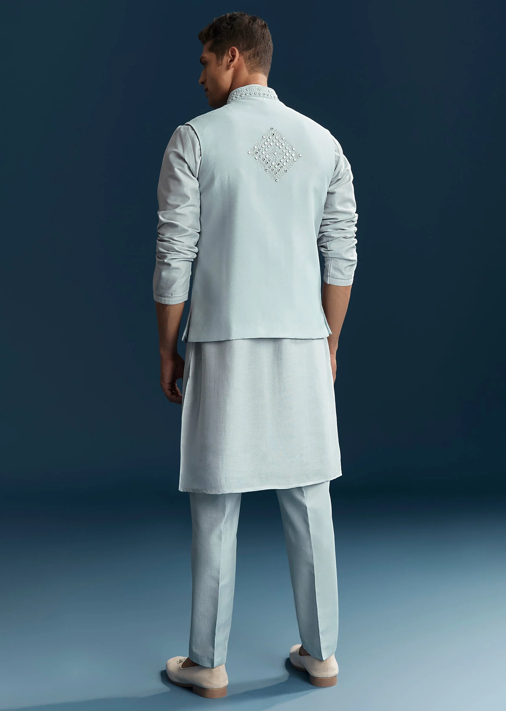 Pastel Blue Silk Kurta Jacket Set With Thread And Mirror Work - Image 5