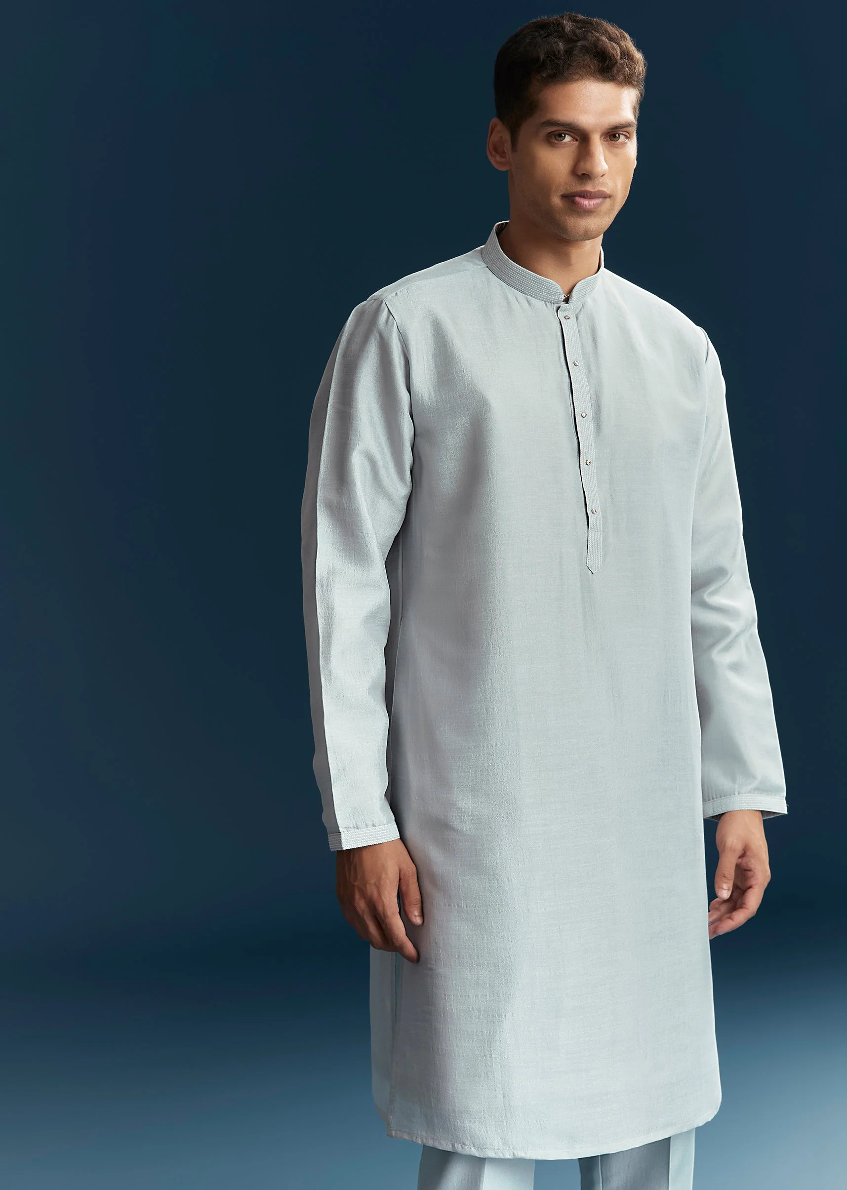 Pastel Blue Silk Kurta Jacket Set With Thread And Mirror Work - Image 6