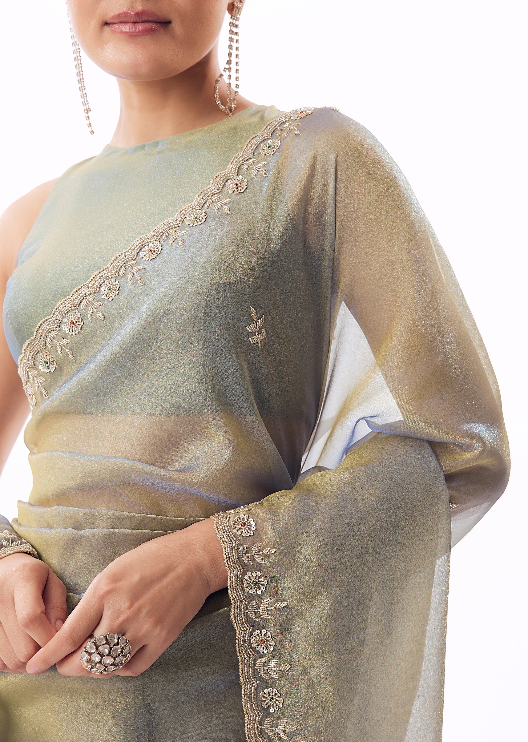 Pastel Blue Tissue Saree With Scallop Border And Cutdana Sequin Hand Embroidery - Image 2