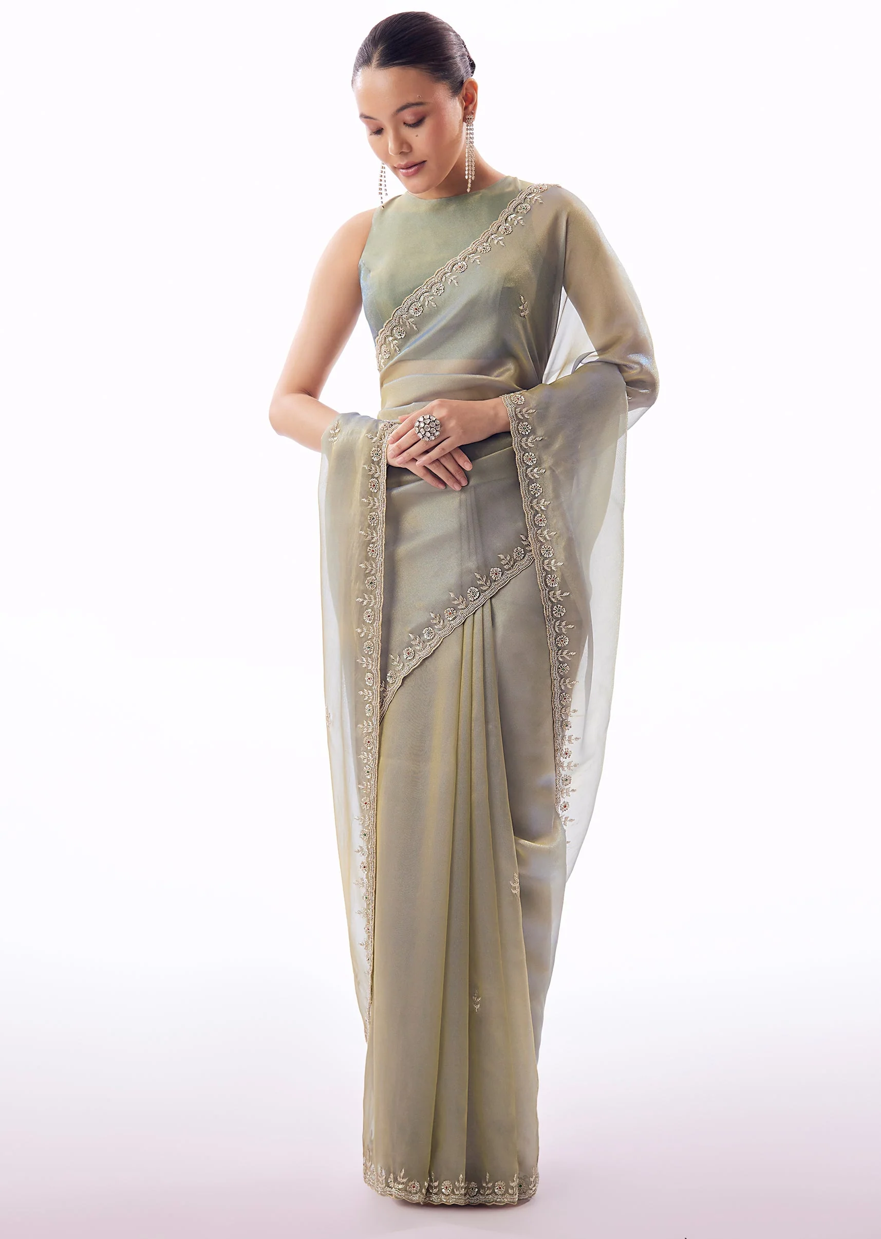 Pastel Blue Tissue Saree With Scallop Border And Cutdana Sequin Hand Embroidery - Image 3