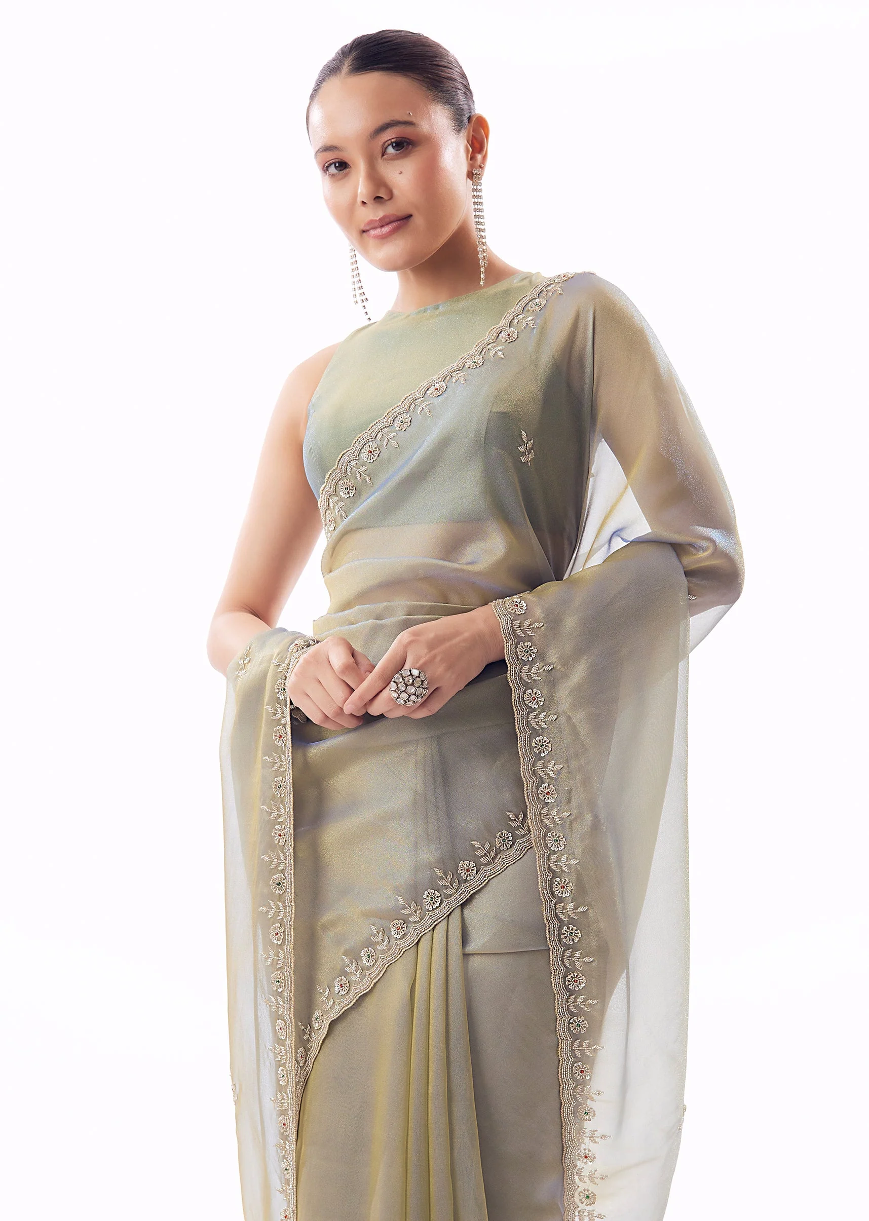 Pastel Blue Tissue Saree With Scallop Border And Cutdana Sequin Hand Embroidery - Image 5