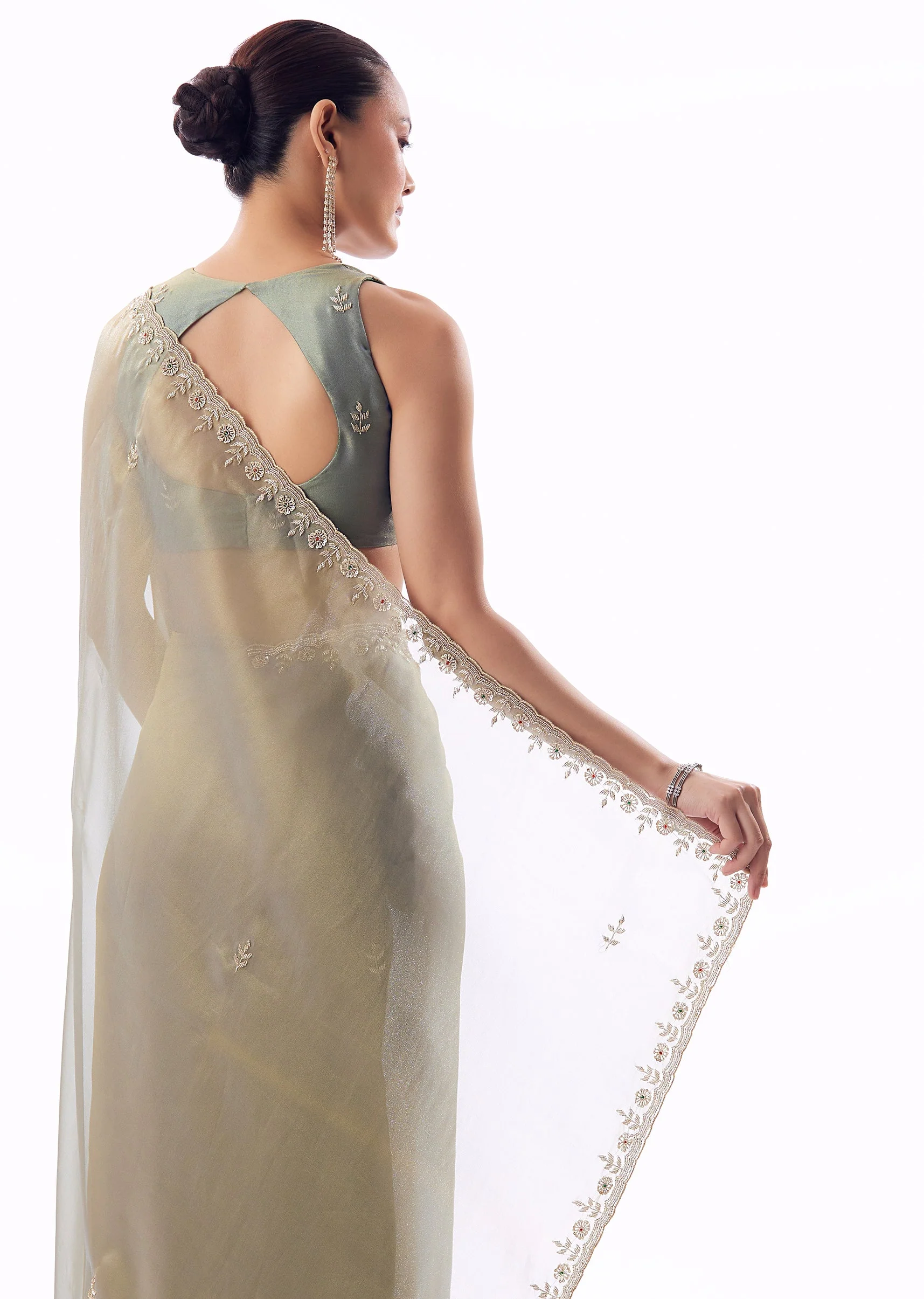 Pastel Blue Tissue Saree With Scallop Border And Cutdana Sequin Hand Embroidery - Image 6