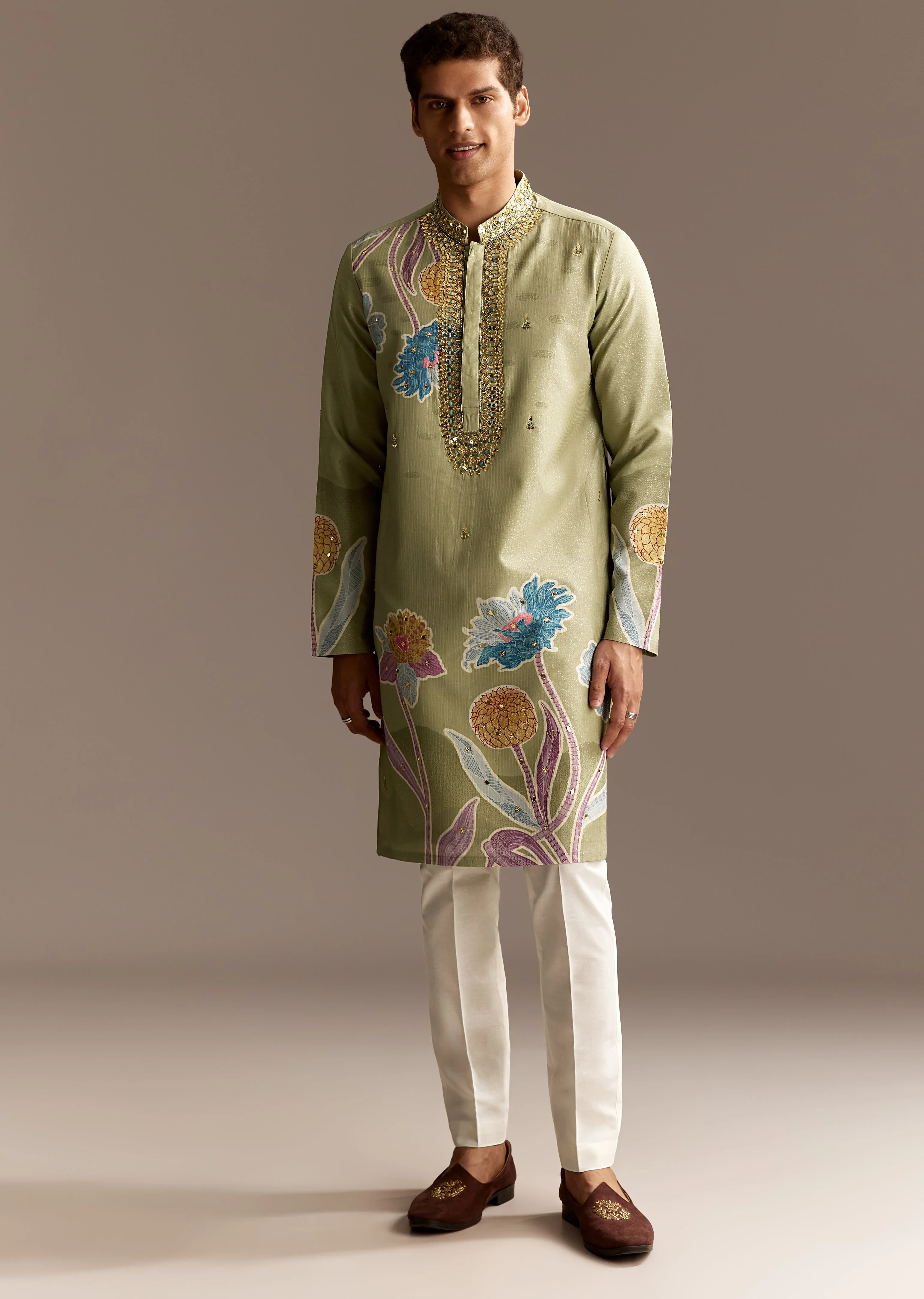Pastel Day Couple Set – Pista Green Hand-Embroidered Muslin Saree for Her And Pastel Green Mirror Work Kurta Set for Him - Image 6