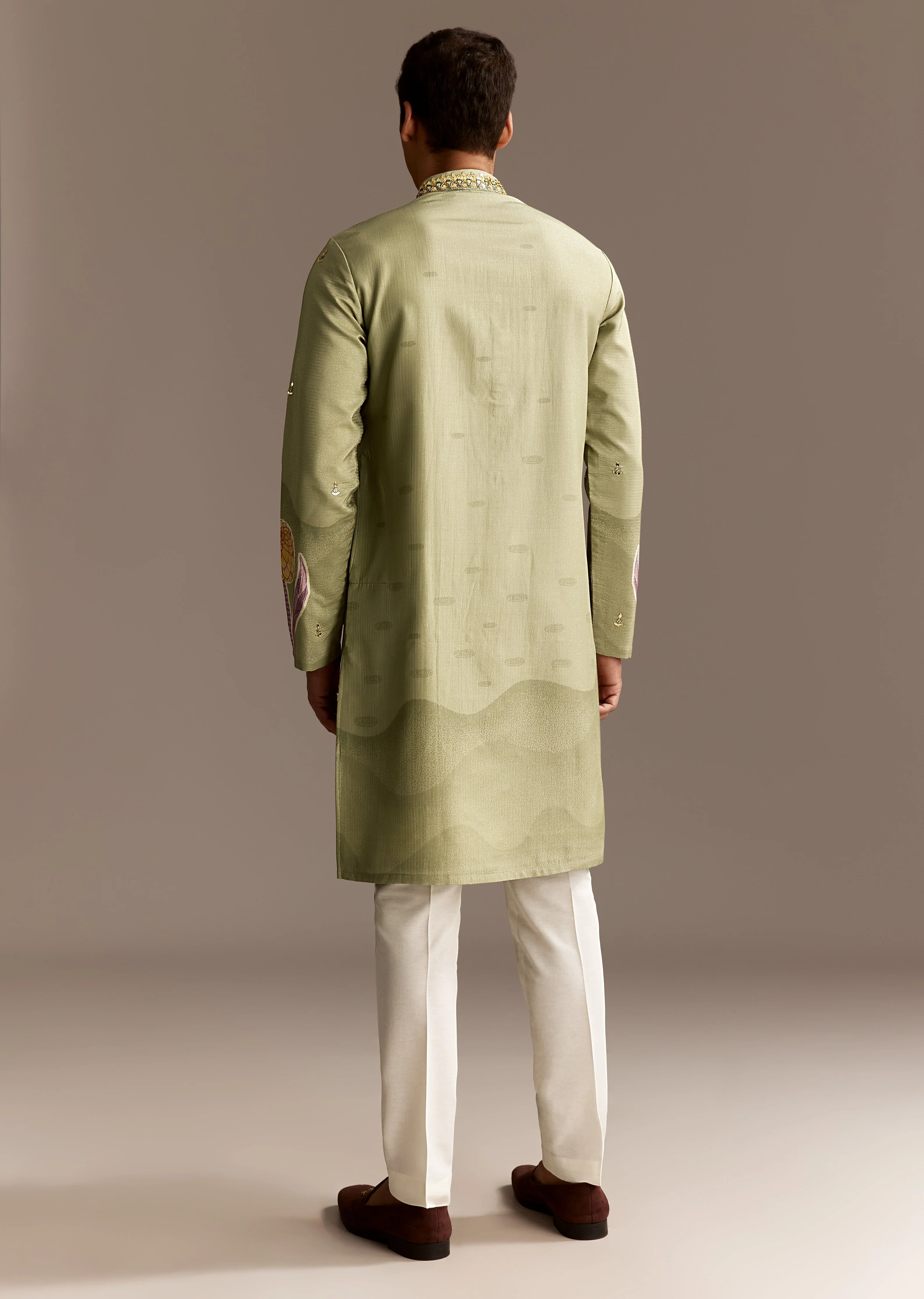 Pastel Day Couple Set – Pista Green Hand-Embroidered Muslin Saree for Her And Pastel Green Mirror Work Kurta Set for Him - Image 8