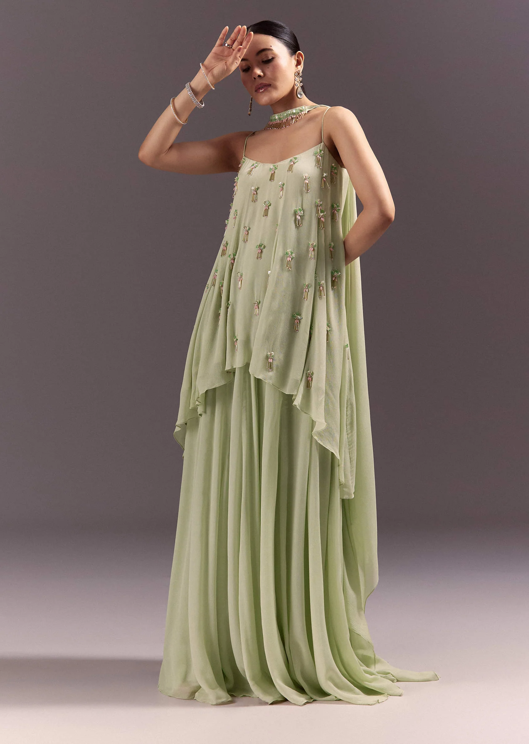 Pastel Green Chinon Embroidered Kurti With Flared Pant Set