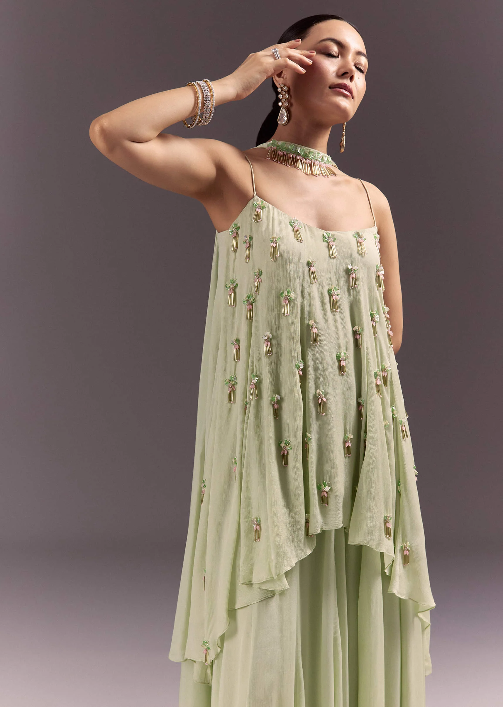Pastel Green Chinon Embroidered Kurti With Flared Pant Set - Image 4