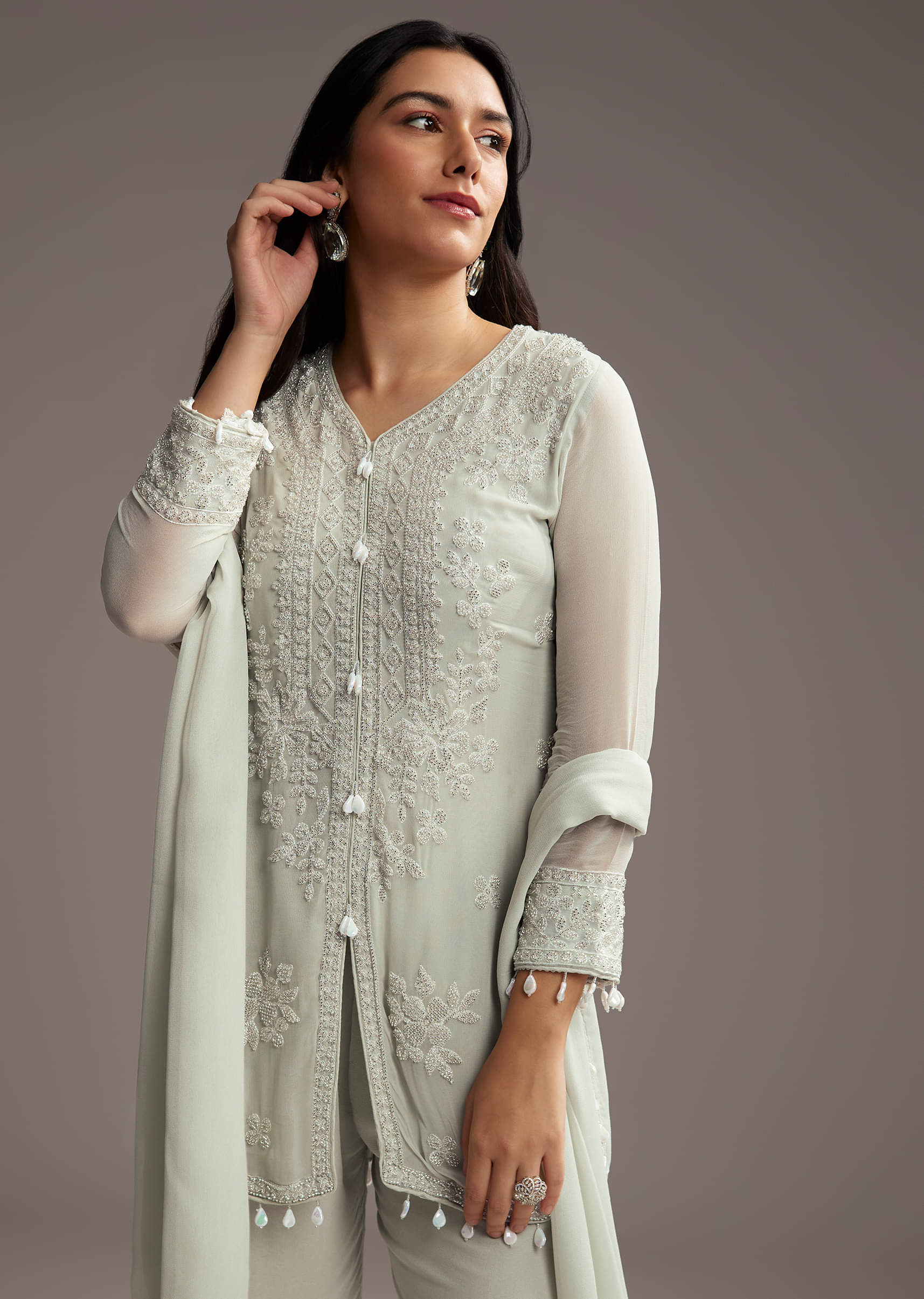 Pastel Green Georgette Kurta Set With Bead Embroidery - Image 4