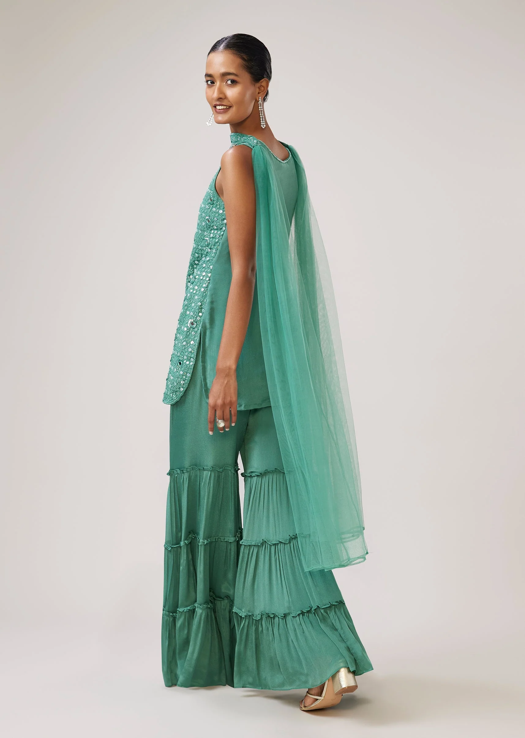 Pastel Green Mirror Sequin Sharara Suit With Dupatta - Image 5