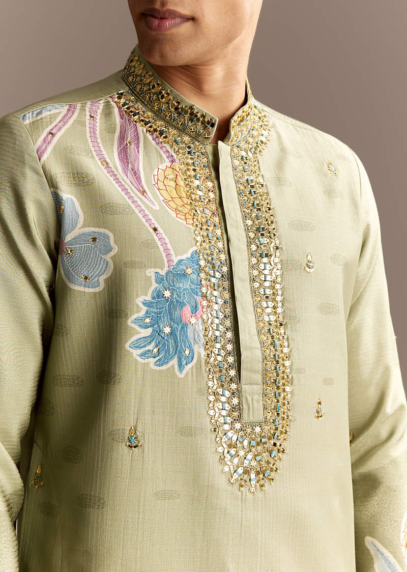 Pastel Green Mirror Work Kurta Set