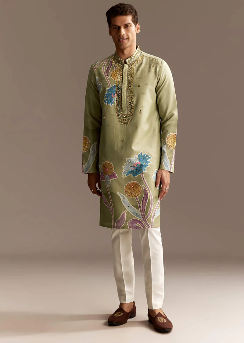 Pastel Green Mirror Work Kurta Set - Image 2