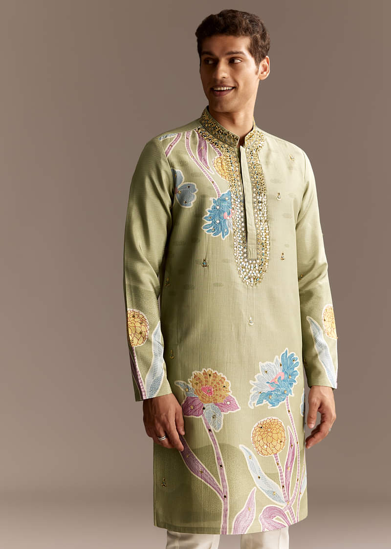 Pastel Green Mirror Work Kurta Set - Image 4