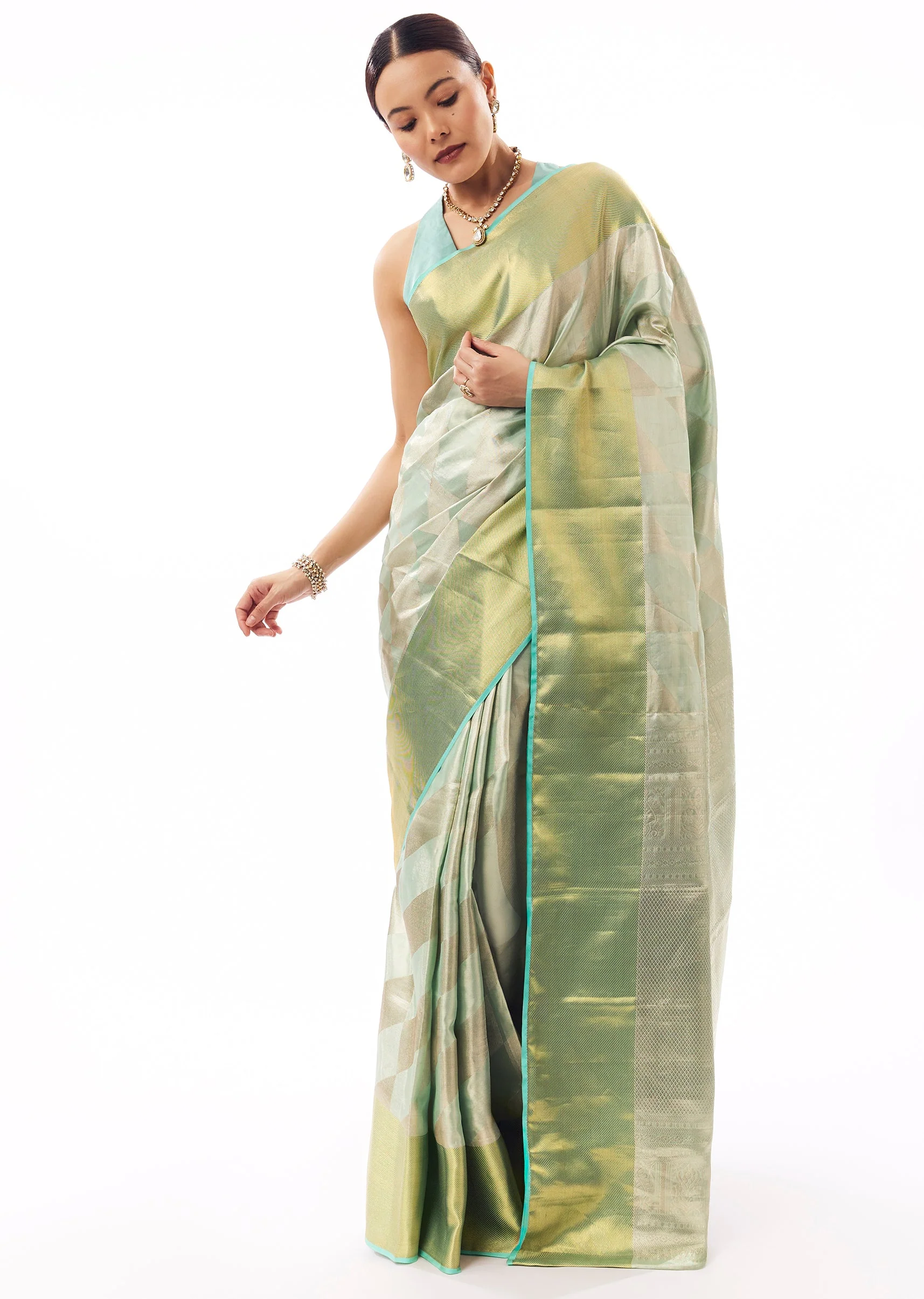 Pastel Green Silk Woven Saree With Geometric Weave - Image 3