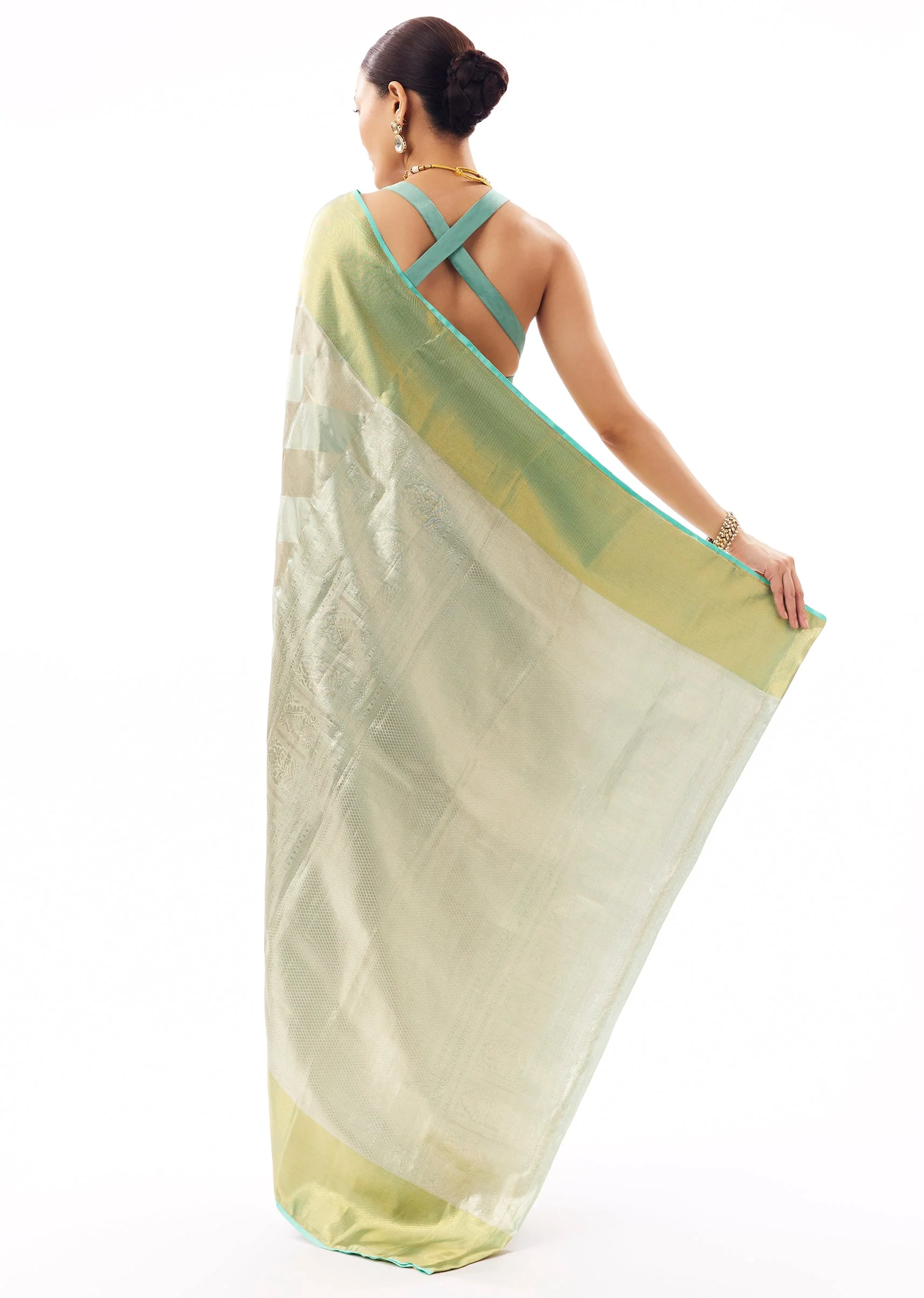 Pastel Green Silk Woven Saree With Geometric Weave - Image 4