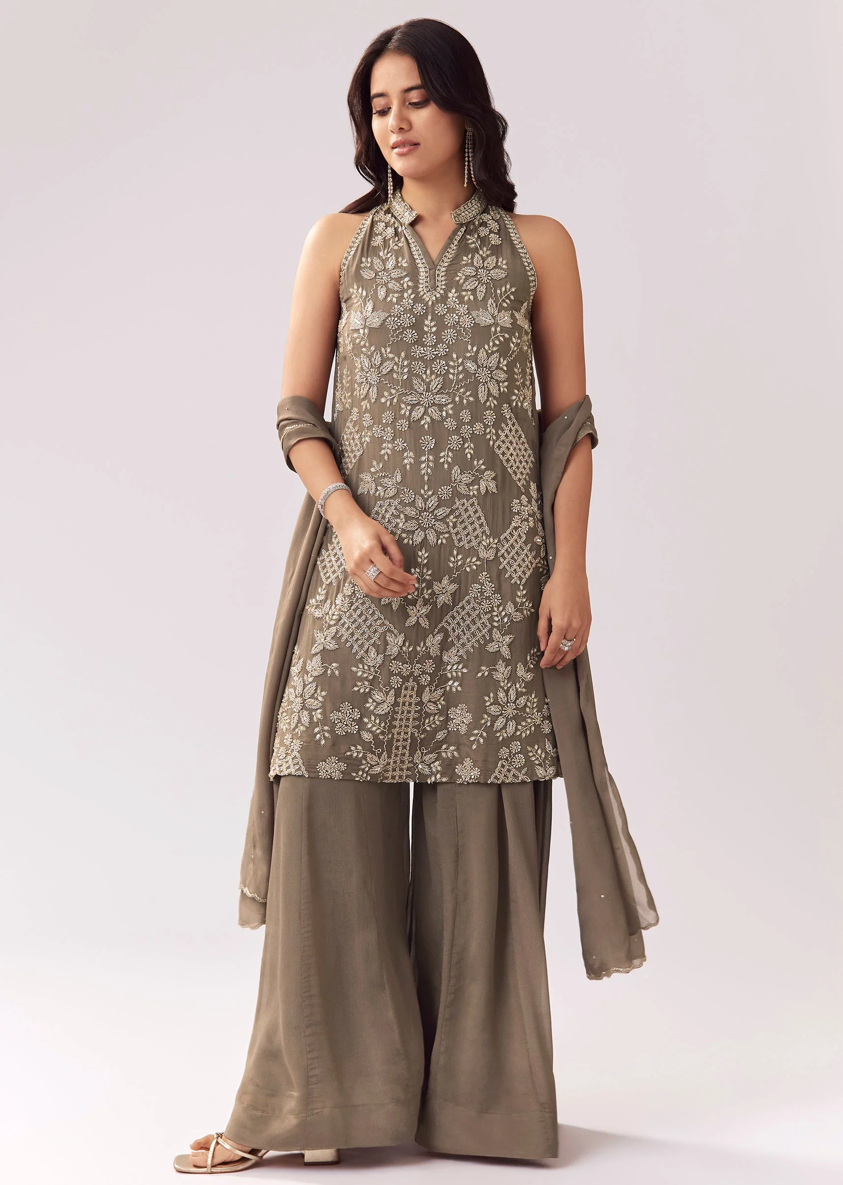 Pastel Grey Chinon Palazzo Suit With Beadwork - Image 3